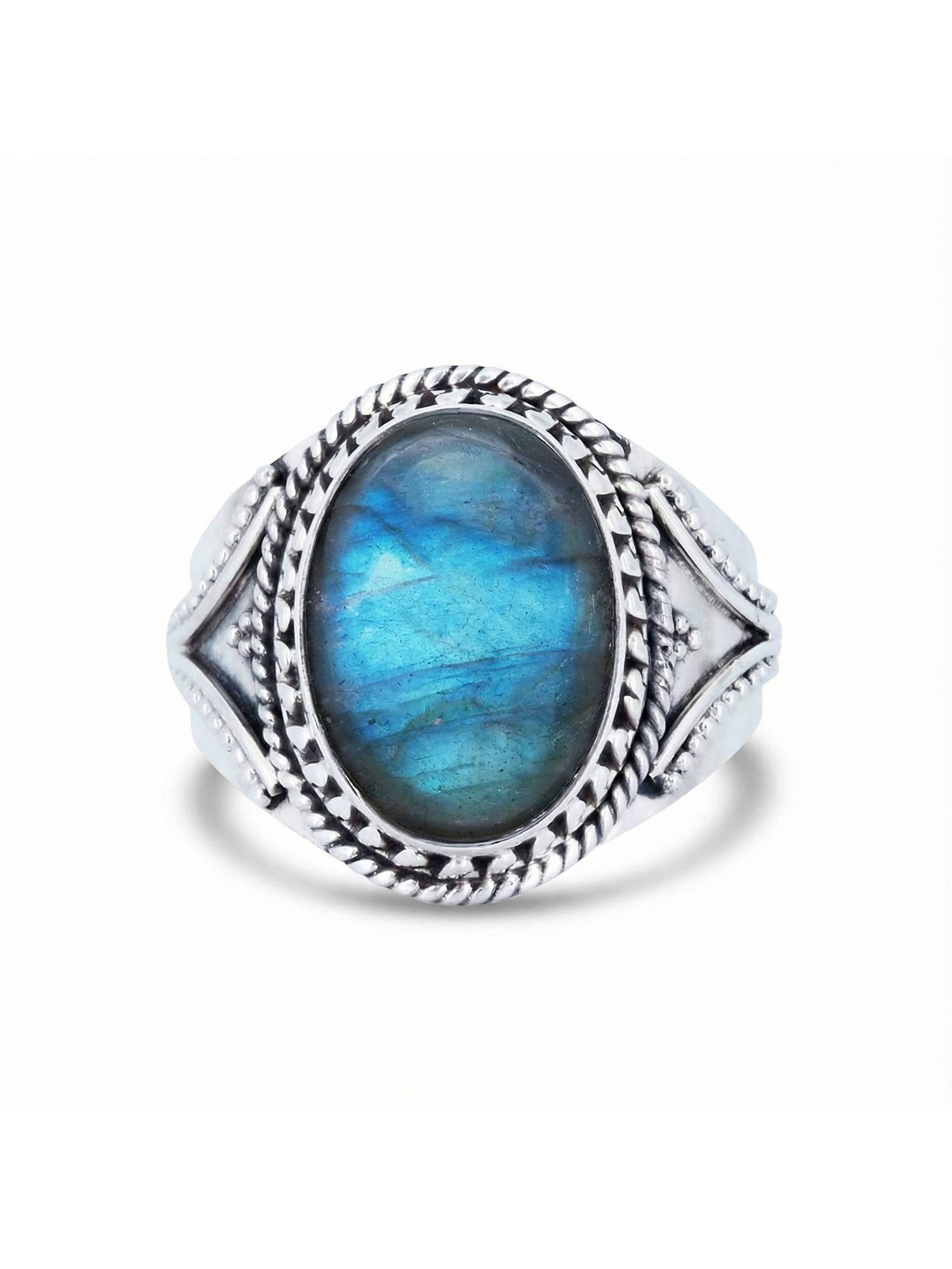 mantraroma Silberring MEKANU aus 925 Silber mit Labradorit (Ring mit Schmuckbeutel), Damenring aus 925er Silber