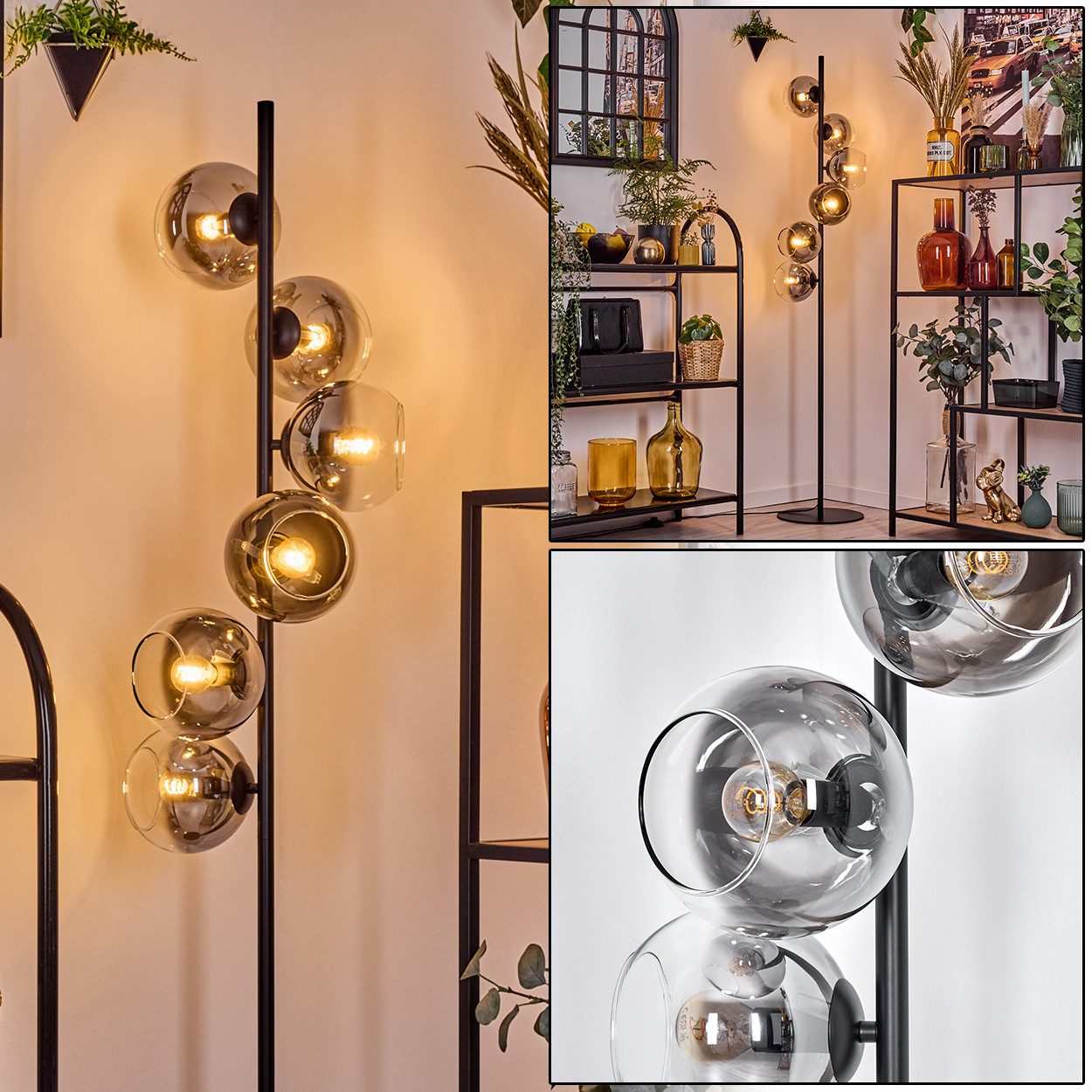 Stehlampe Stehlampe aus Metall/Glas in Schwarz/Rauch/Klar, Retro/Vintage-Design