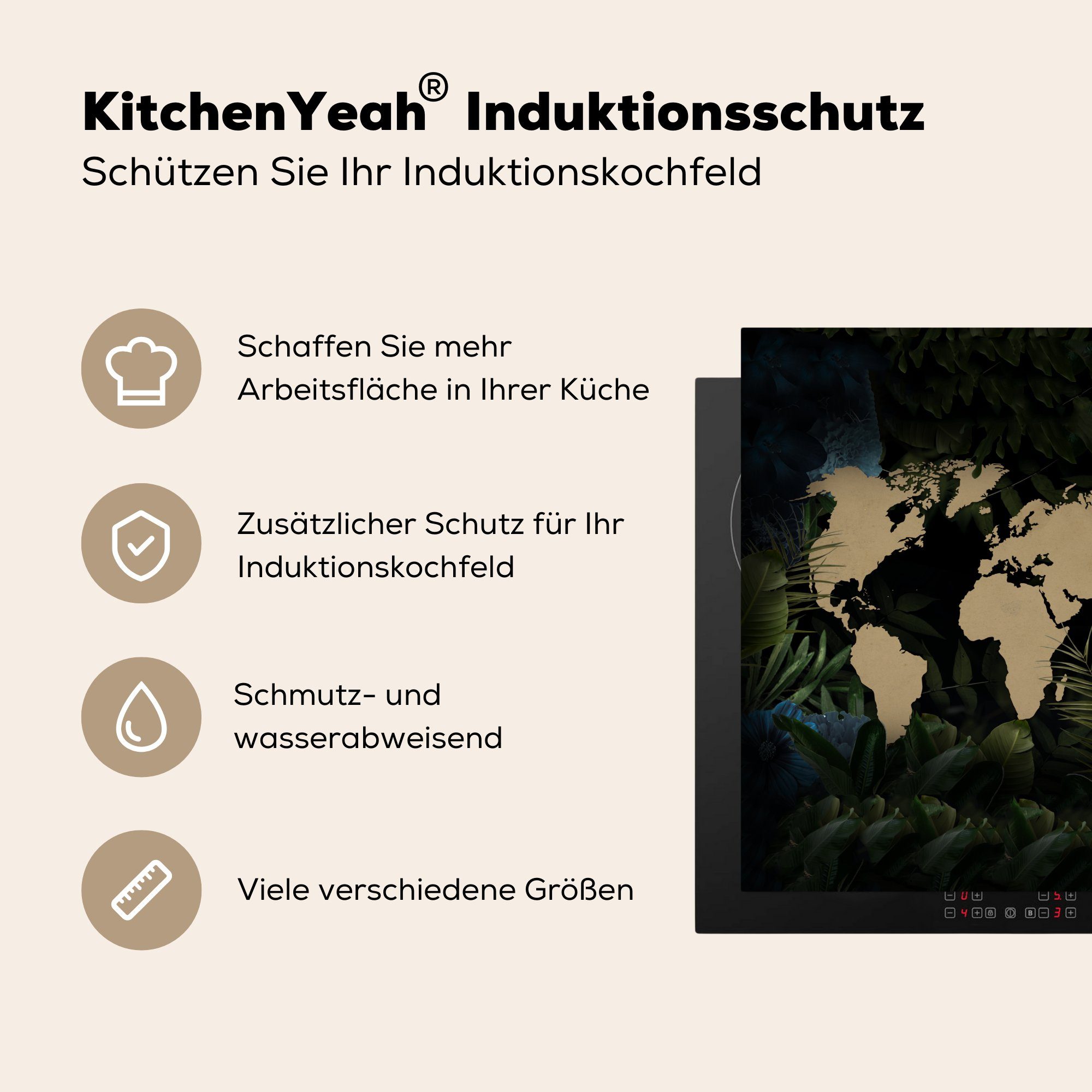 MuchoWow Herdblende-/Abdeckplatte - cm, küche Weltkarte Pflanzen (1 Arbeitsplatte 78x78 Tropisch, für Vinyl, tlg), - Ceranfeldabdeckung