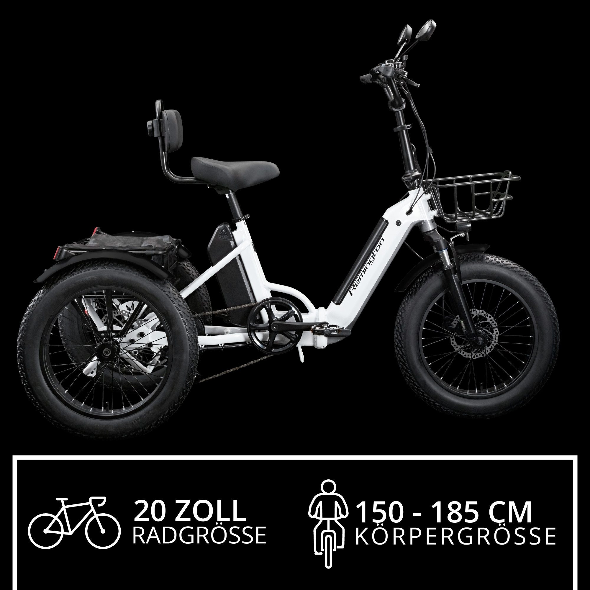 Remington E-Bike Dreirad R100, 7 Gang Shimano TY300 Schaltwerk, Kettenschaltung, Heckmotor, 468 Wh, E Bike Elektro Dreirad 20 Zoll Elektrodreirad 2 Akkus 120km