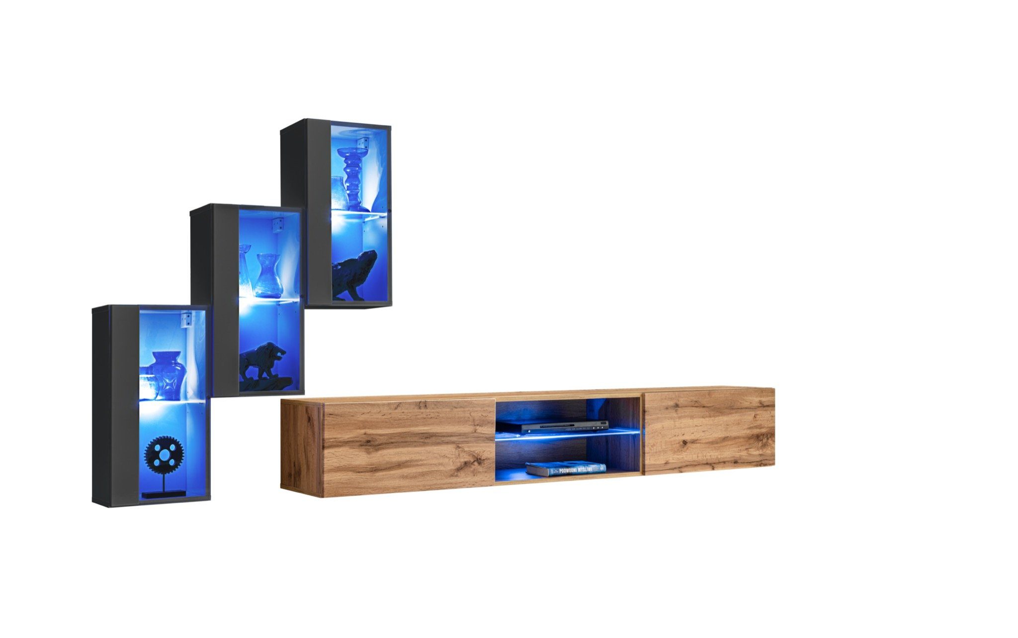 Luxus LED TV Wohnzimmermöbel 3x Wohnwand Vitrine), 3x 4tlg Hänge TV Ständer, JVmoebel (4-St., Hänge Ständer + Wohnwand beleuchtet Vitrine