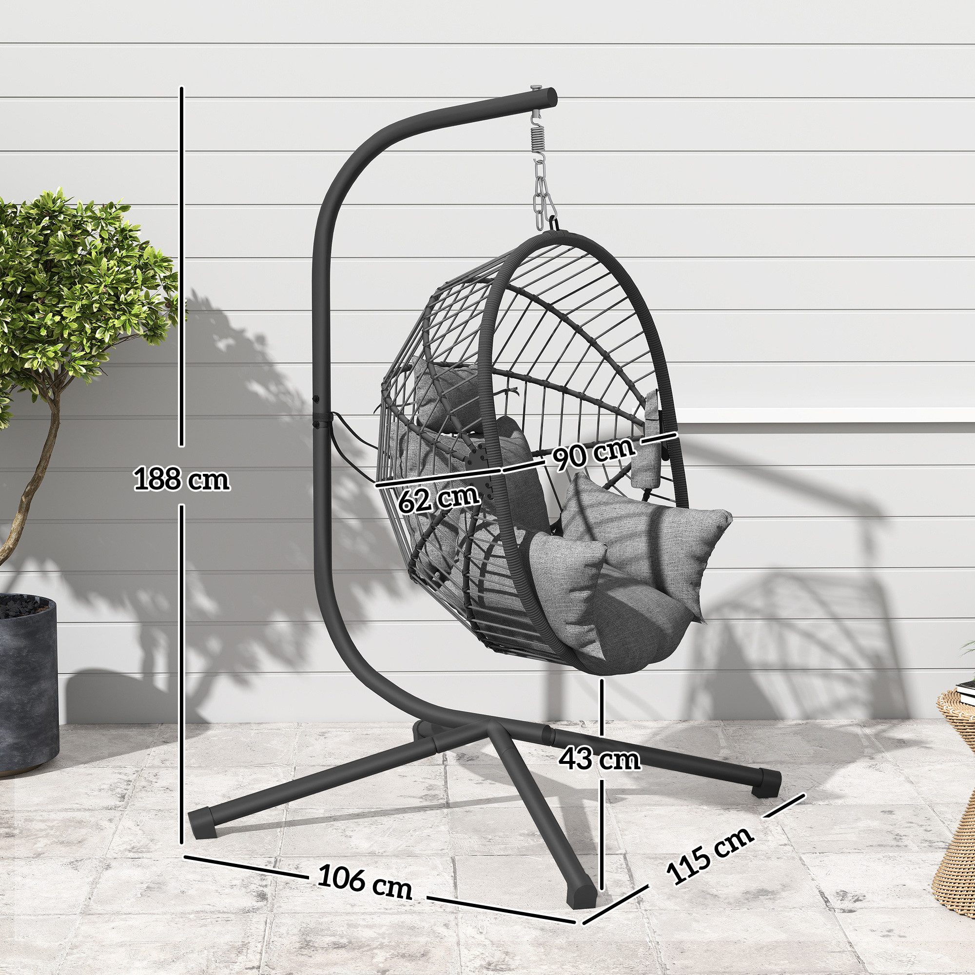 Outsunny Hängesessel Hängeschaukel mit Kissen, Hängestuhl mit Klappbarem (Sitzkorb, 1-St., Becherhalter), Rattanoptik für Indoor, Outdoor, bis 120 kg Belastbar, Stahl, Grau