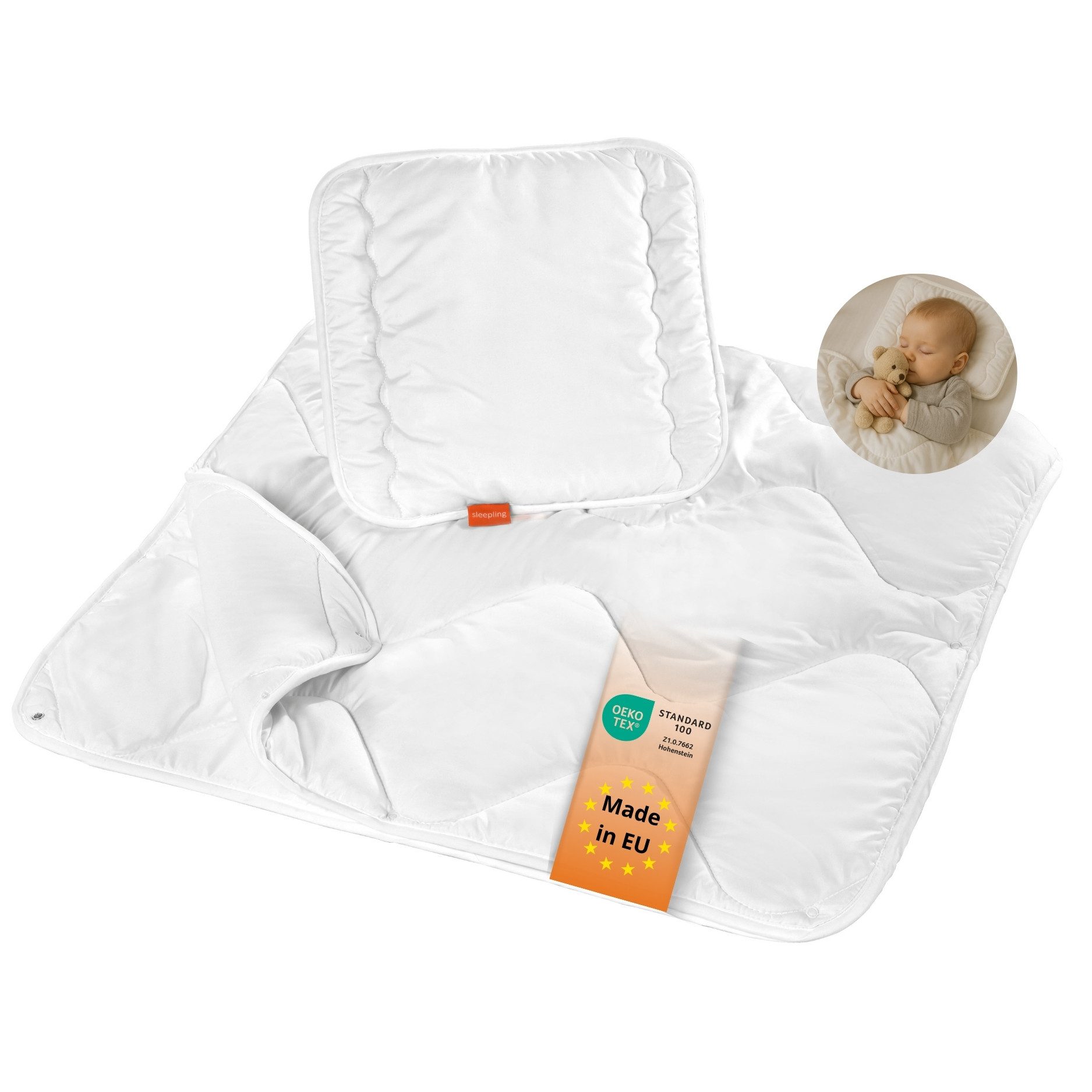 sleepling Kinderbettdecke + Microfaserkissen Babybetten Set, Bettdecke 100 x 135 cm und Kopfkissen 40 x 60 cm, Füllung: Kunstfaser, Bezug: 100% Polyester (Mikrofaser), hergestellt in der EU