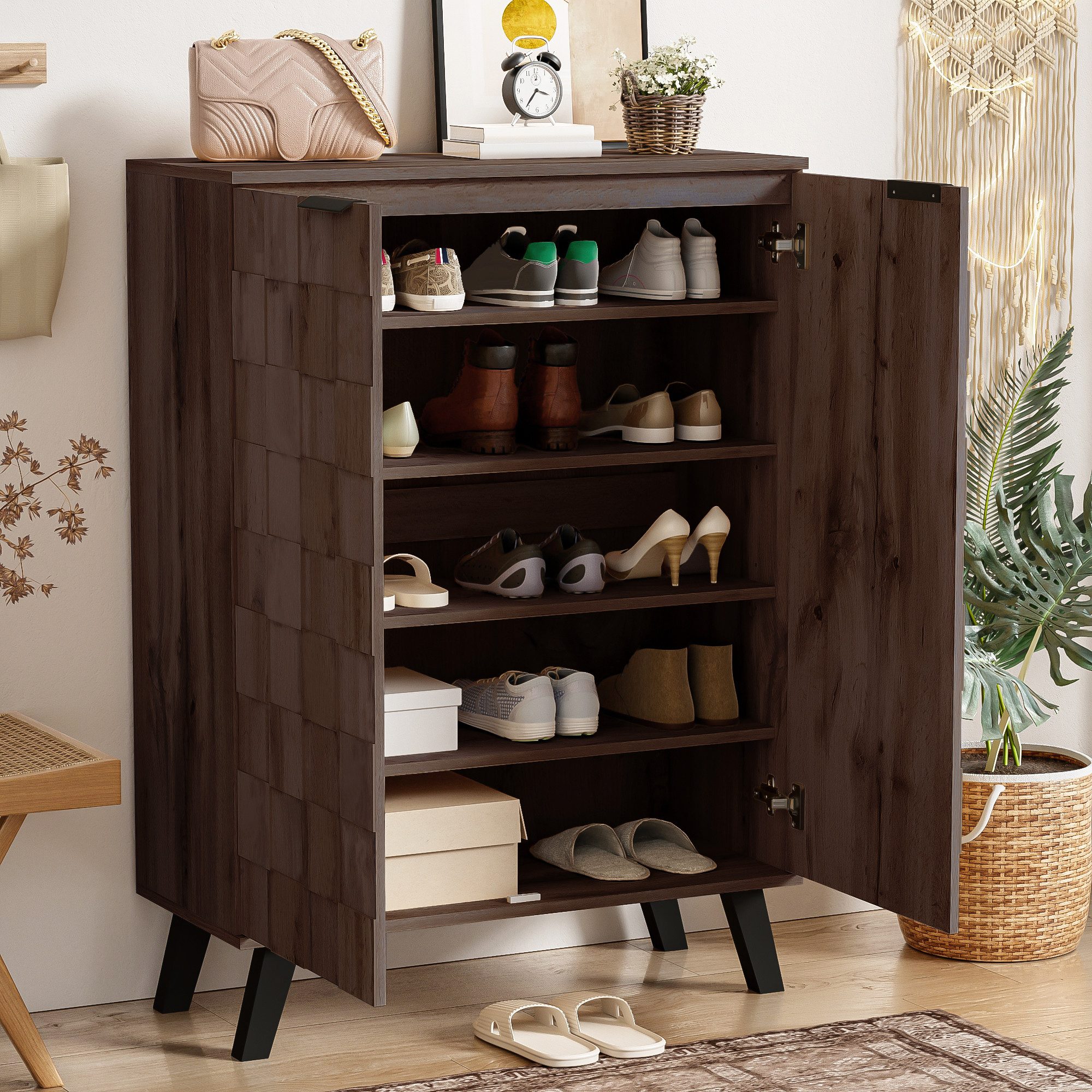 MODFU Schuhschrank mit quadratische, strukturierte Oberfläche (Kommode, Anrichte, Wohnzimmerschrank, Highboard, 1-St., 2 Türen) Mit Verstellbare Einlegeböden
