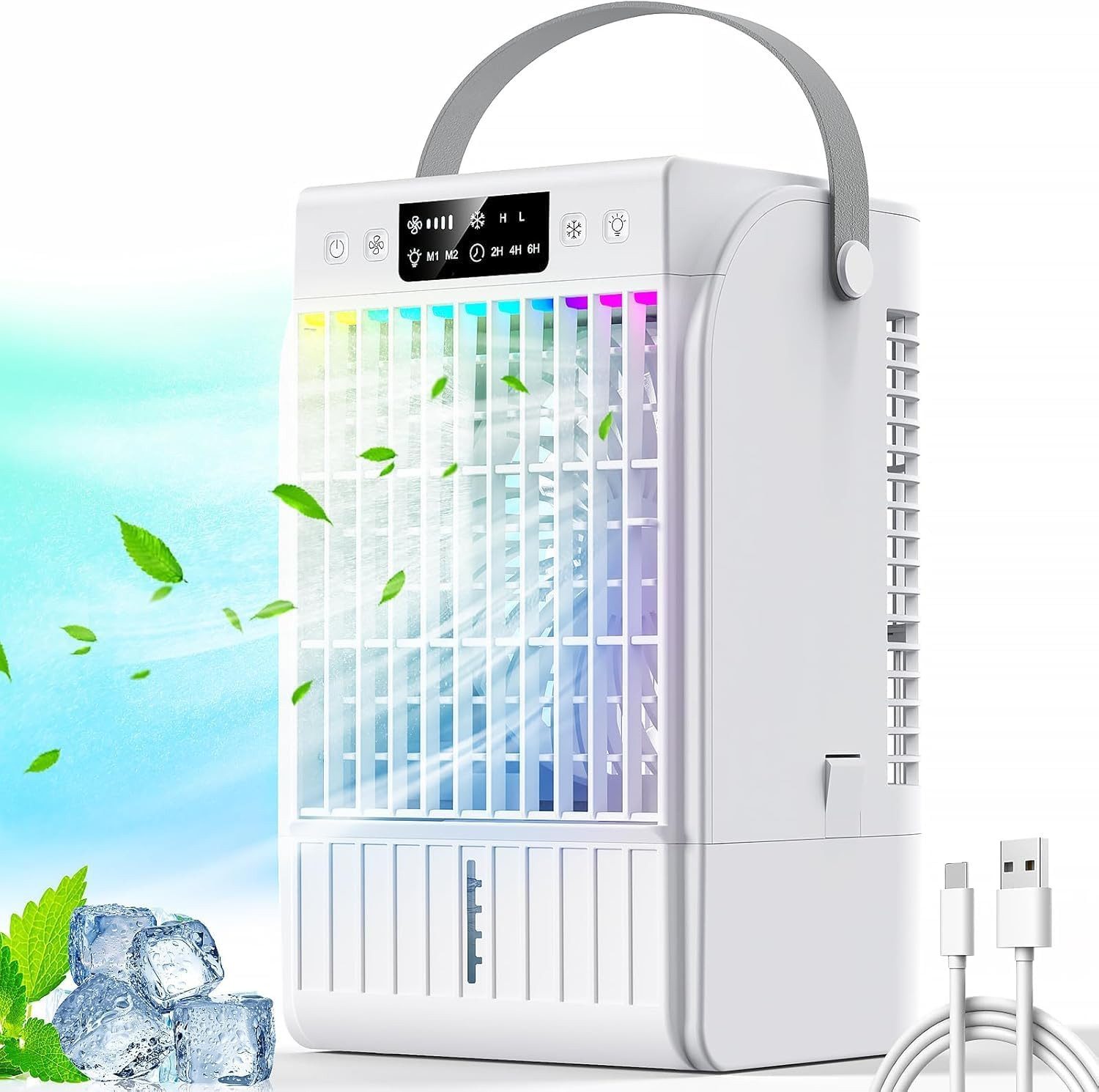 MOPUEA Ventilatorkombigerät 4-in-1 Verdunstungskühler mit 3 Geschwindigkeiten & 2 Nebelmodi, 1500ml Wassertank, mit RGB Licht & Timer für Schlafzimmer Büro