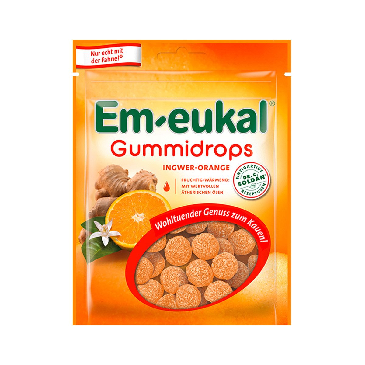 Em-eukal Süßigkeit, Em eukal Gummidrops Ingwer Orange mit feiner Zuckerkruste 90g