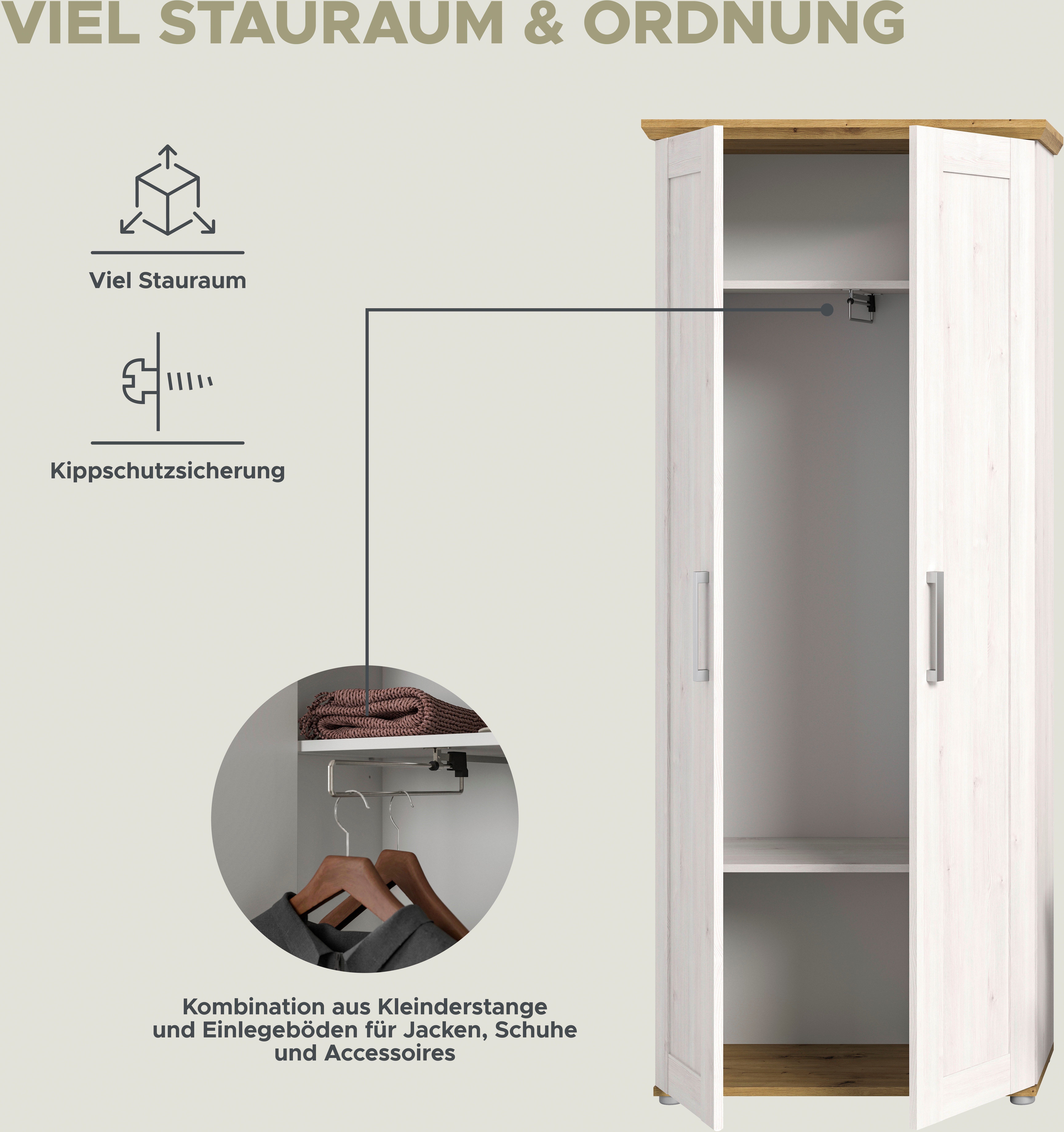 Home affaire Garderobenschrank COSENZA, Höhe 196 cm, 2 Türen, 2 Böden, 1 Kleiderstange Hochschrank, Stauraumschrank, Schrank, Flurschrank, Dielenschrank – Bild 4 von 5