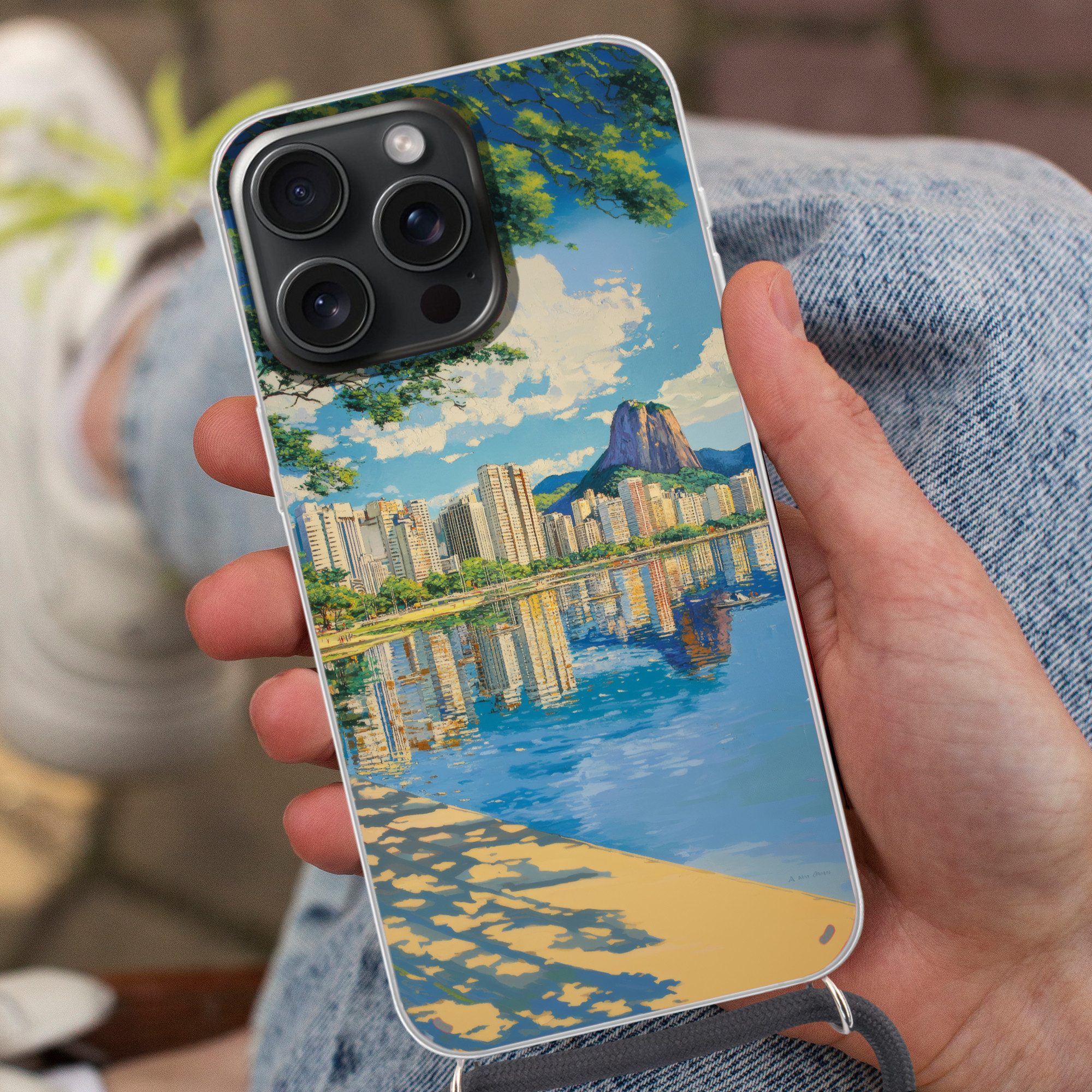 MuchoWow Handyhülle für Apple iPhone 15 Pro Max Berg - Skyline - Strand - Wasser, Tragbare Handyhüllen mit Kette zum umhängen, Handykette Handyband