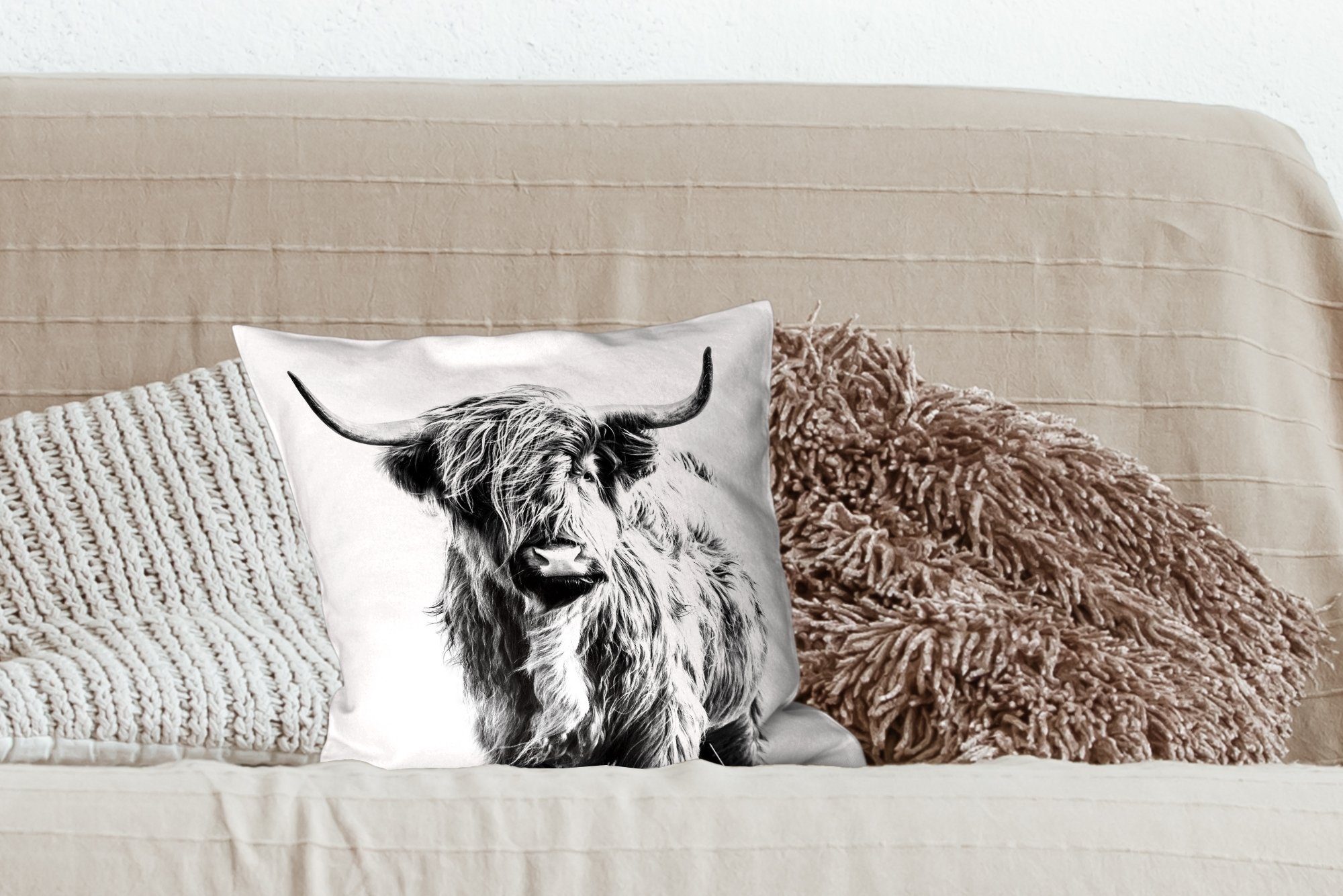 Schlafzimmer, Dekokissen für Highlander Schottischer Zierkissen MuchoWow Sofakissen - Deko, Schwarz mit Tiere, Füllung Weiß und - Wohzimmer,