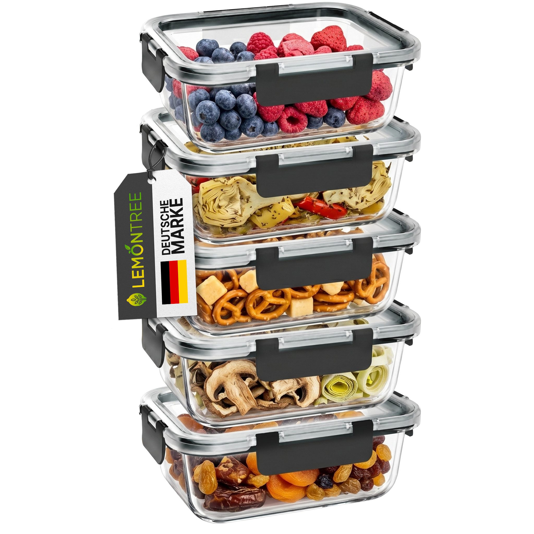 Lemontree Vorratsdose mit Deckel Luftdicht - Meal Prep Boxen Glas - Mikrowellengeeignet, Hochborosilikatglas, (Vorratsdosen-Set (3-teilig, groß je 1040 ml), Meal Prep Boxen 3er Set - 1040ml - auch als 5er & 10er Set erhältlich), Luftdicht, auslaufsicher, stapelbar, mikrowellen-, ofen- & gefrierfest