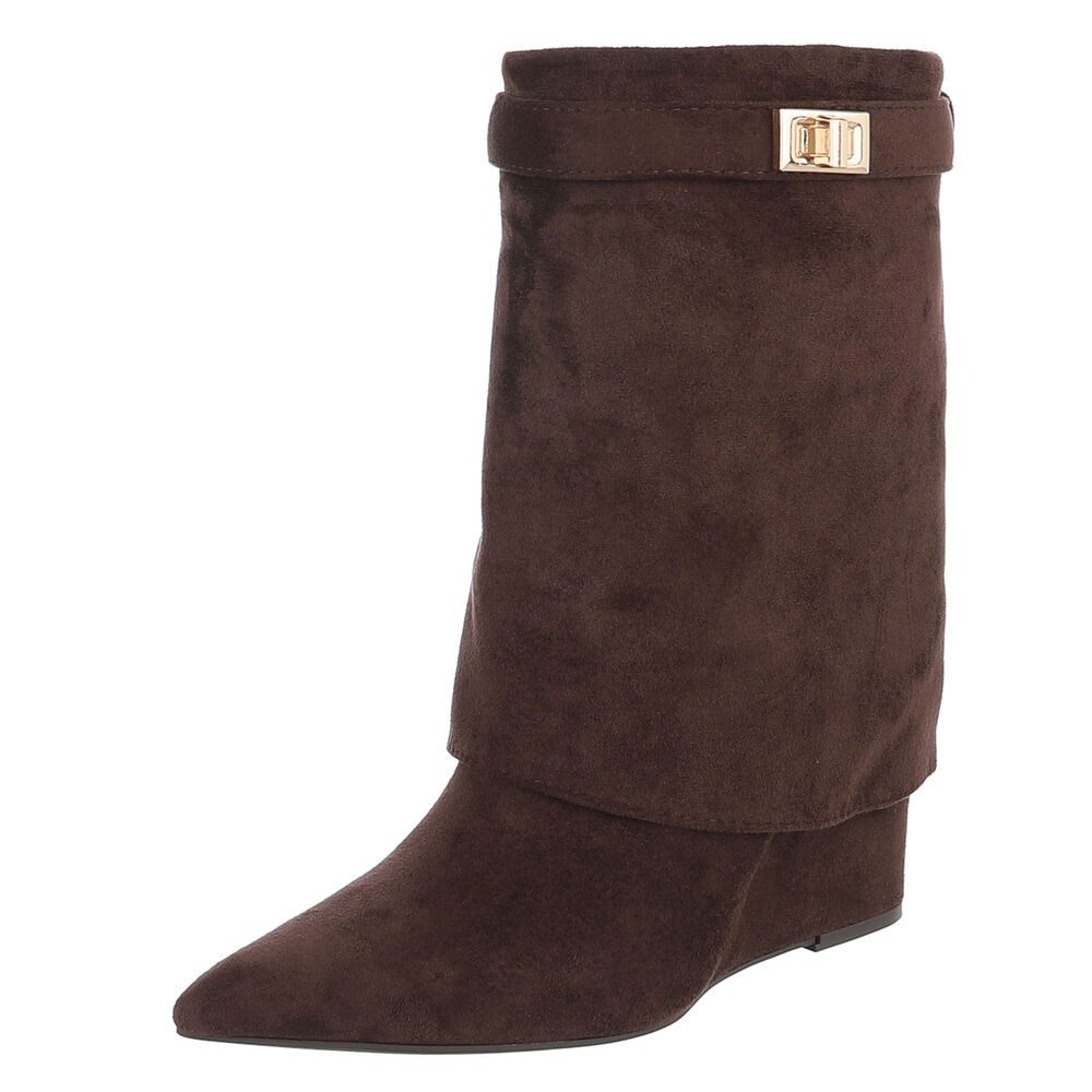 Ital-Design Damen Stiefel mit Umschlag und Schnalle, elegant Keilstiefelette (92269046) Keilabsatz/Wedge Stiefeletten in Dunkelbraun