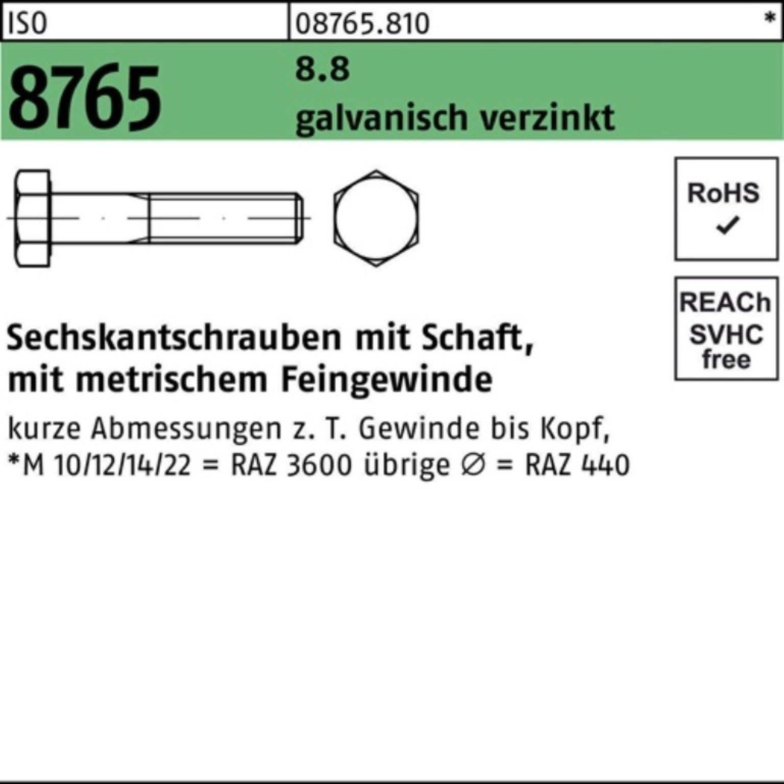 Reyher Sechskantschraube 100er Pack Sechskantschraube ISO 8765 Schaft M12x1,5x140 8.8 galv.verz | Schrauben