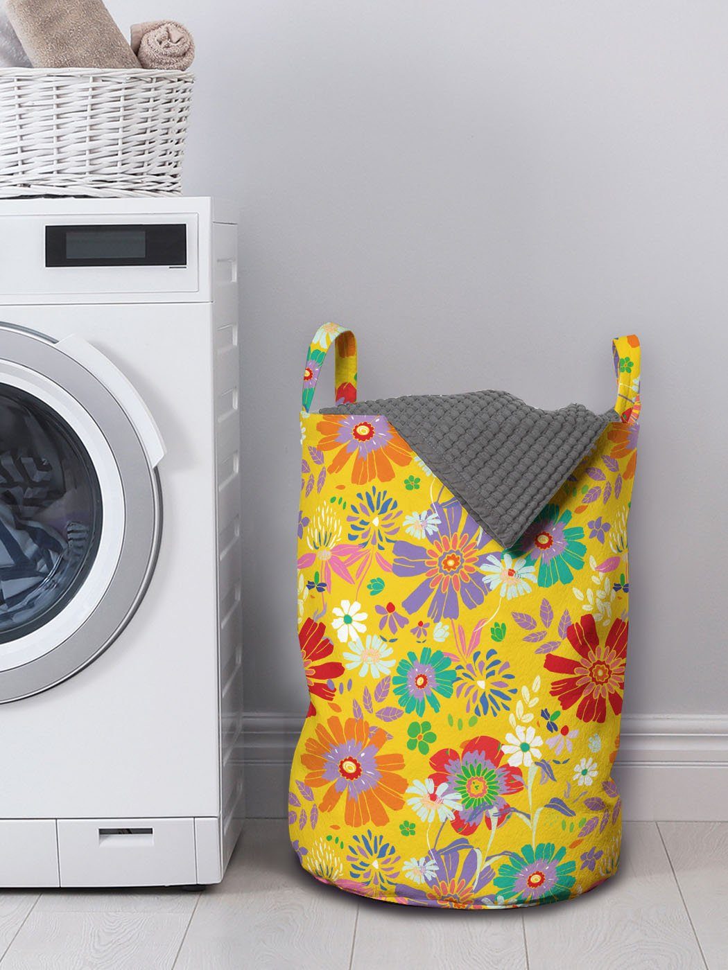 Abakuhaus Wäschesäckchen Waschsalons, Kunst mit Childish Frühlings-Blumen Kordelzugverschluss für Wäschekorb Griffen Dahlie