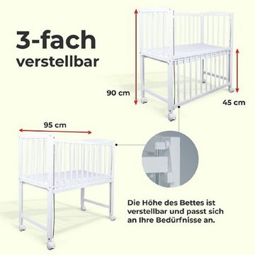 hopsibaby Beistellbett Baby 3in1 Babybett Komplettbett Royal Beige, Spitze-Weiß Stubenbett, Premium Baumwolle