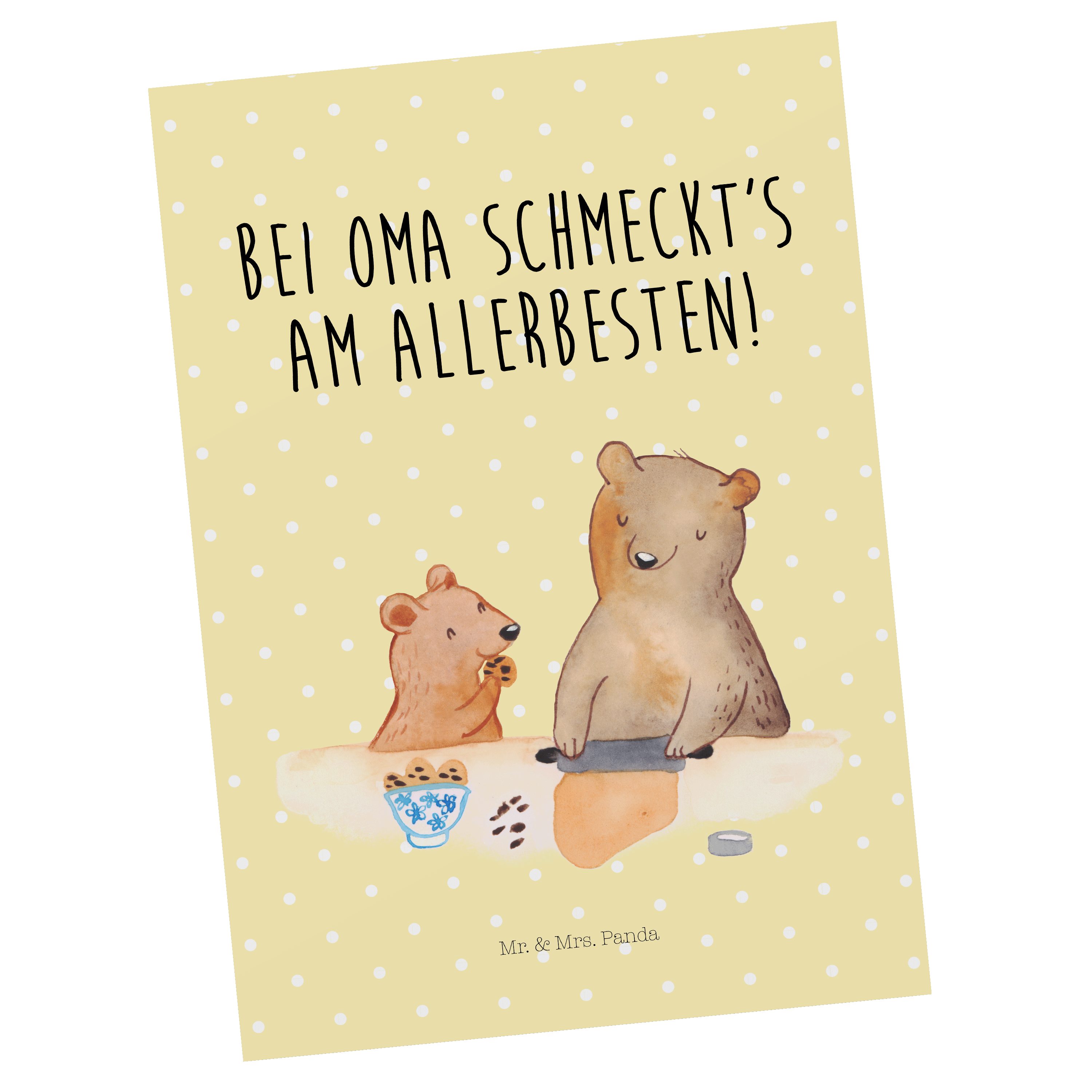 Mr. & Mrs. Panda Postkarte Oma Bär backen - Gelb Pastell - Geschenk, Vatertag, Opa, Schwester, E