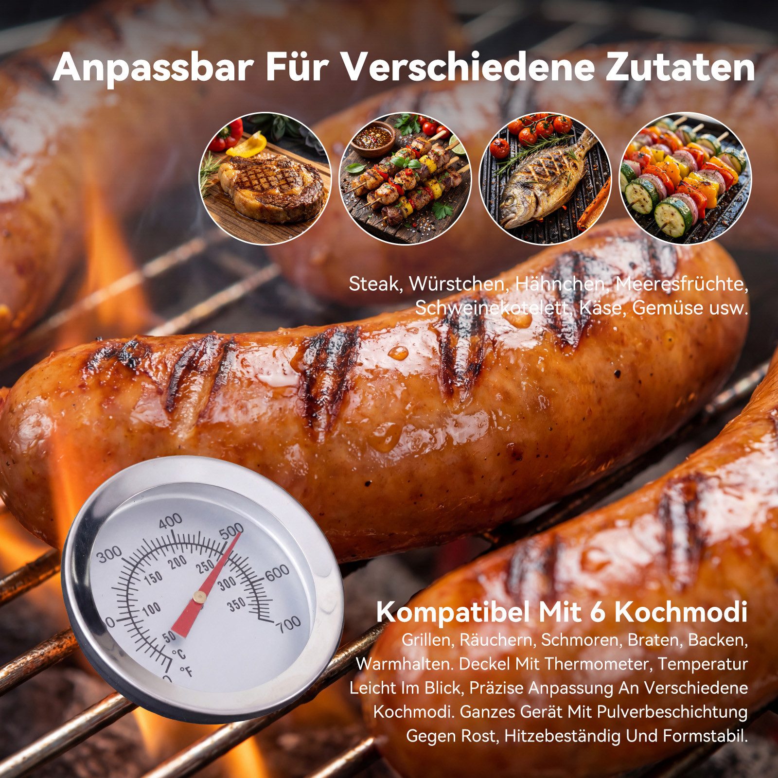 HOMAVO Holzkohlegrill mit Deckel, 2 Seitentische, Grillfläche: 45×32cm, höhenverstellbarer Grillrost mit 2 Stufen, optional mit Abdeckung