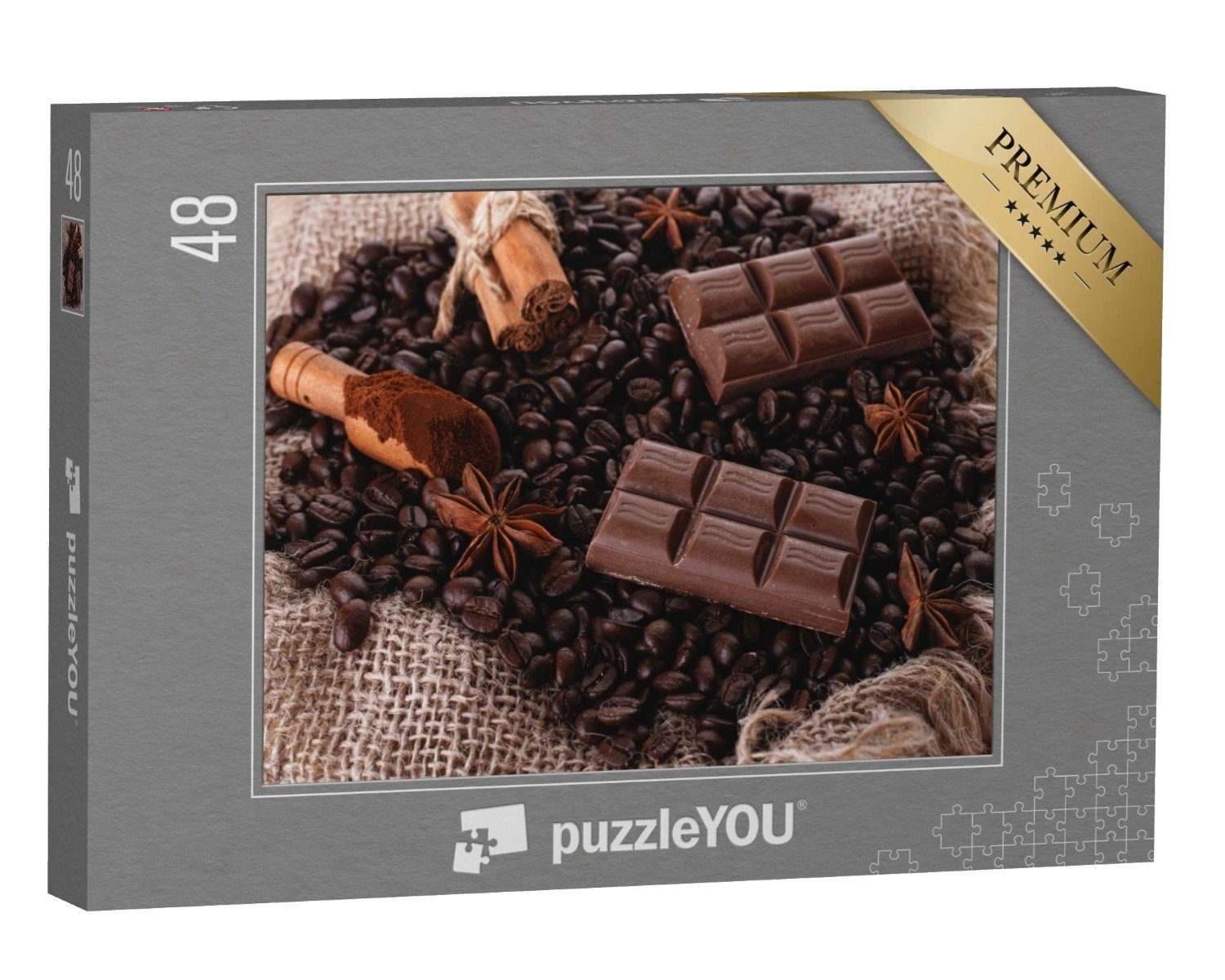 puzzleYOU Puzzle Sortiment aus Schokolade, Kaffeebohnen und Zimt, 48 Puzzleteile, puzzleYOU-Kollektionen Schokolade