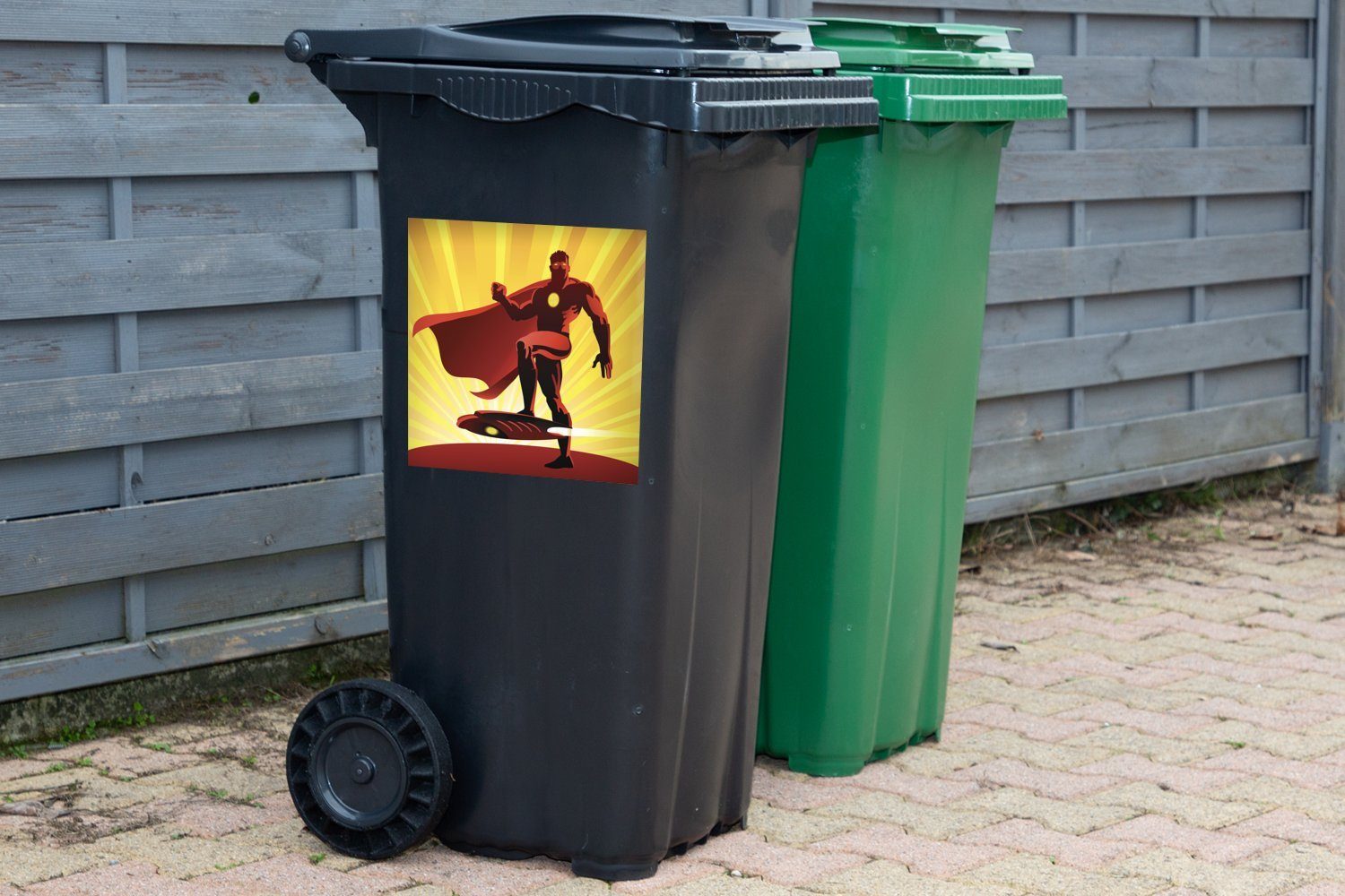 Superhelden Junge - Sticker, St), Jungen - Wandsticker Eine - Illustration Mülltonne, eines Container, Abfalbehälter mit Augen MuchoWow Mülleimer-aufkleber, (1 roten