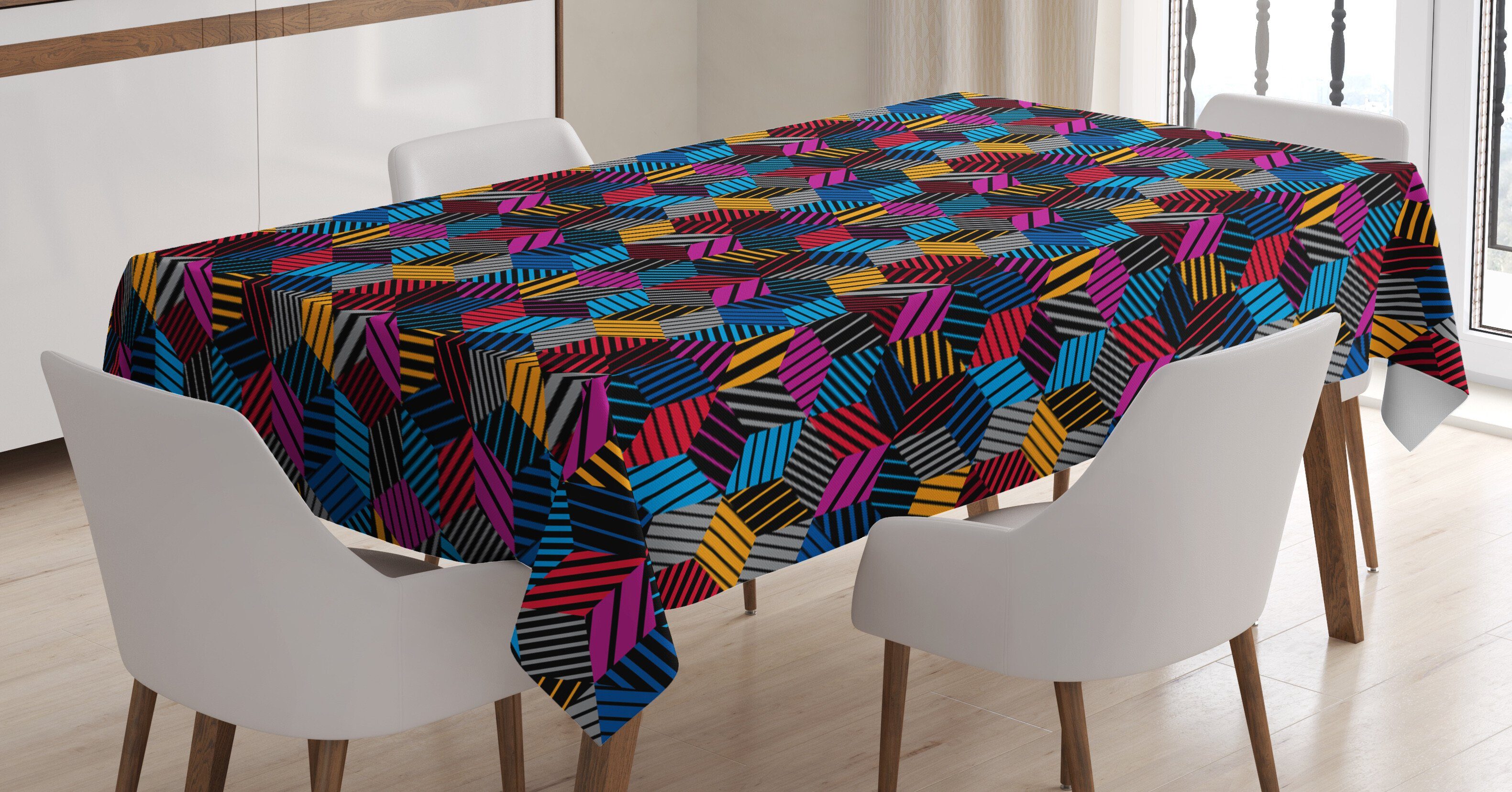 Abakuhaus Tischdecke Farbfest Waschbar Für den Außen Bereich geeignet Klare Farben, Geometrisch 3D Cube Stripes Stil