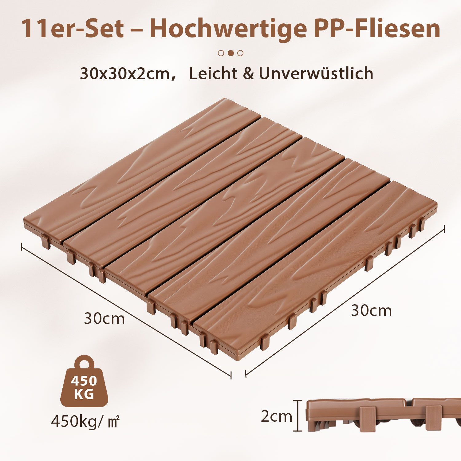 Clanmacy Terrassenplatte Kunststoff-Bodenfliesen 66 Stück 30x30cm Klickfliesen Rotbraun, Kunststoff 30x30, Braun