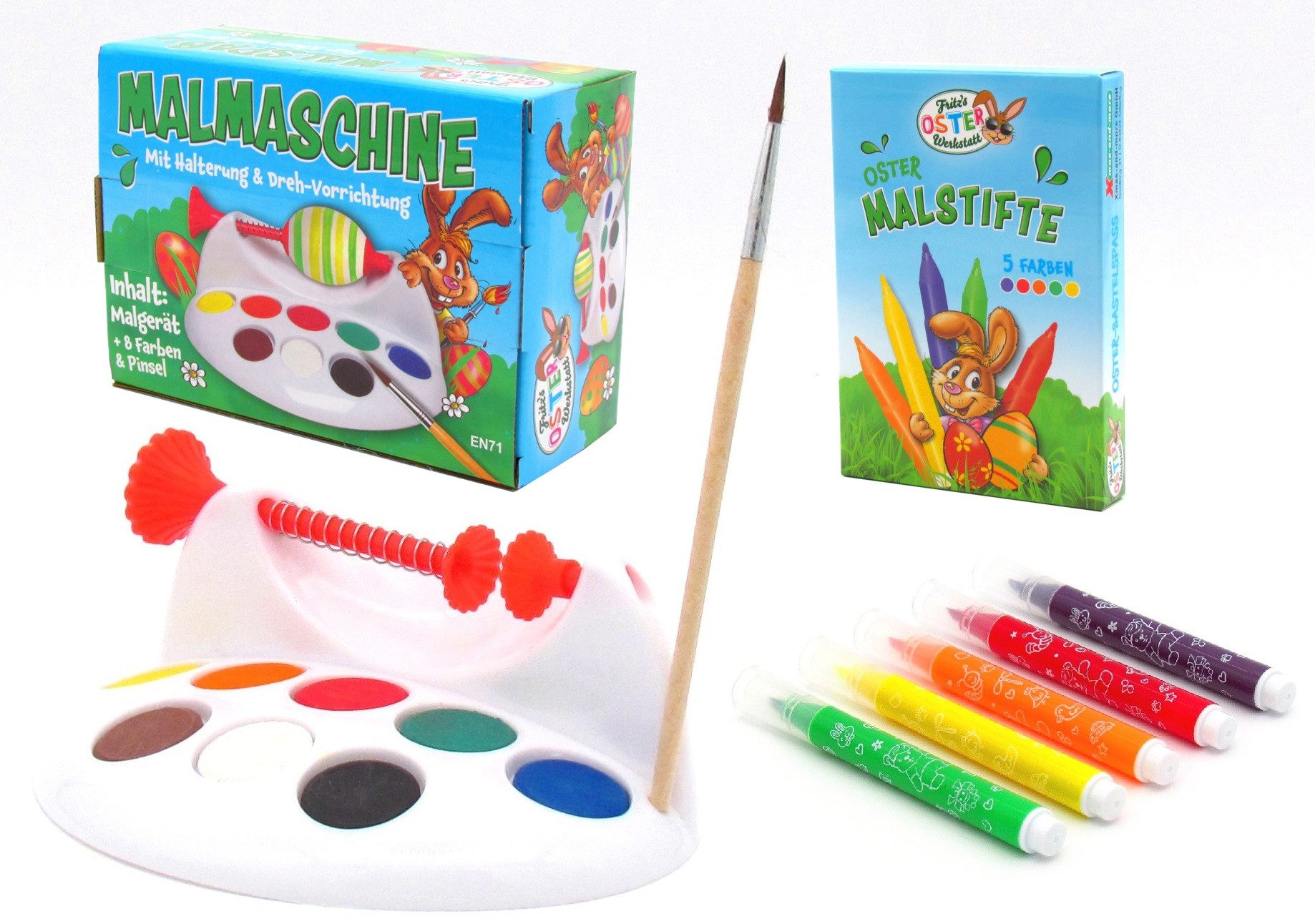 Jean Products Eierfarbe Malset XL 1 Eiermalmaschine inkl. 8 Farben Pinsel & 5 Eier-Malstifte, Osterfarben für Ostereier Wasserfarben