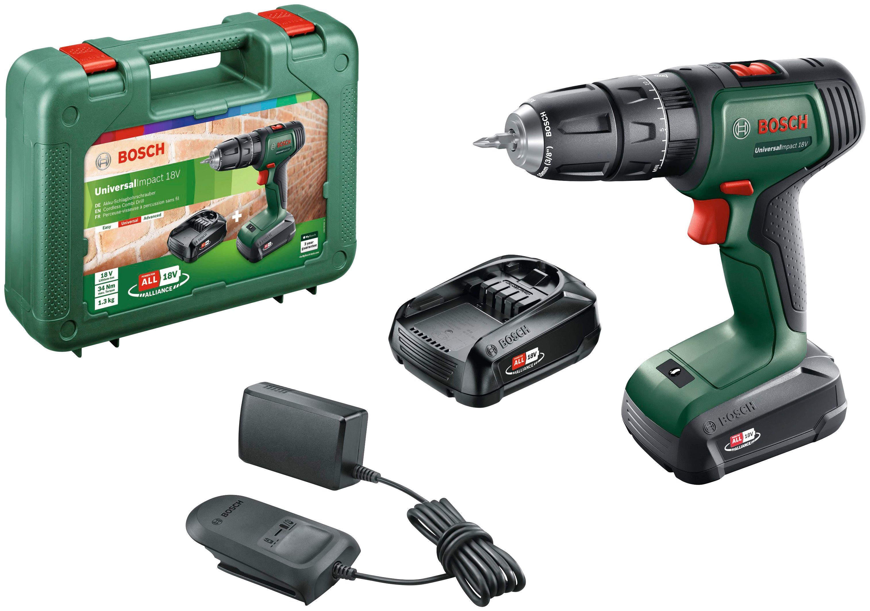 Bosch Home Garden U/min, Ladegerät 18V, Akkus mit Akku-Schlagbohrschrauber max. UniversalImpact & und 1450 2