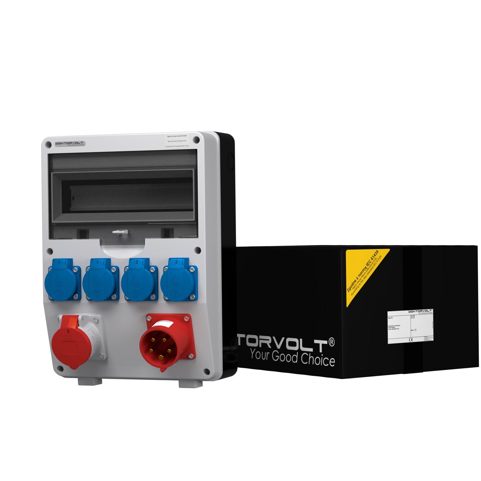 Doktorvolt Verteilerbox Stromverteiler TD 1x16A 4x230V mit 1x32A Anbaustecker Doktorvolt 2381