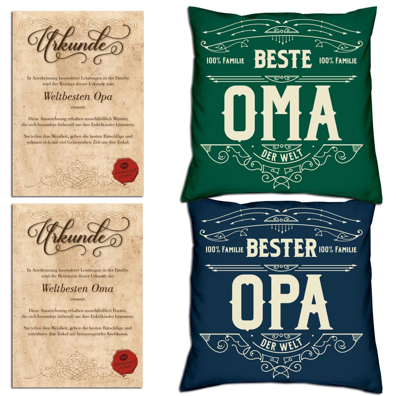 dunkelgrün Dekokissen mit Bester Weihnachtsgeschenk Soreso® für Kissen-Set Urkunden, Oma Beste Großeltern Opa