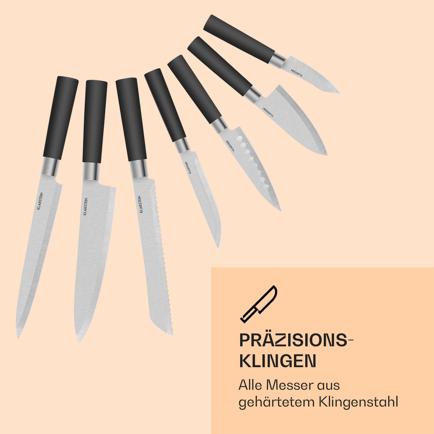 Klarstein Messer-Set Kitano 8tlg. Messer-Set 7 Messer Stahl Holzblock Bodenschlitze, Kochmesser-Set japanisch gehärtet 8-teilig mit Schärfer & Schere – Bild 5 von 5