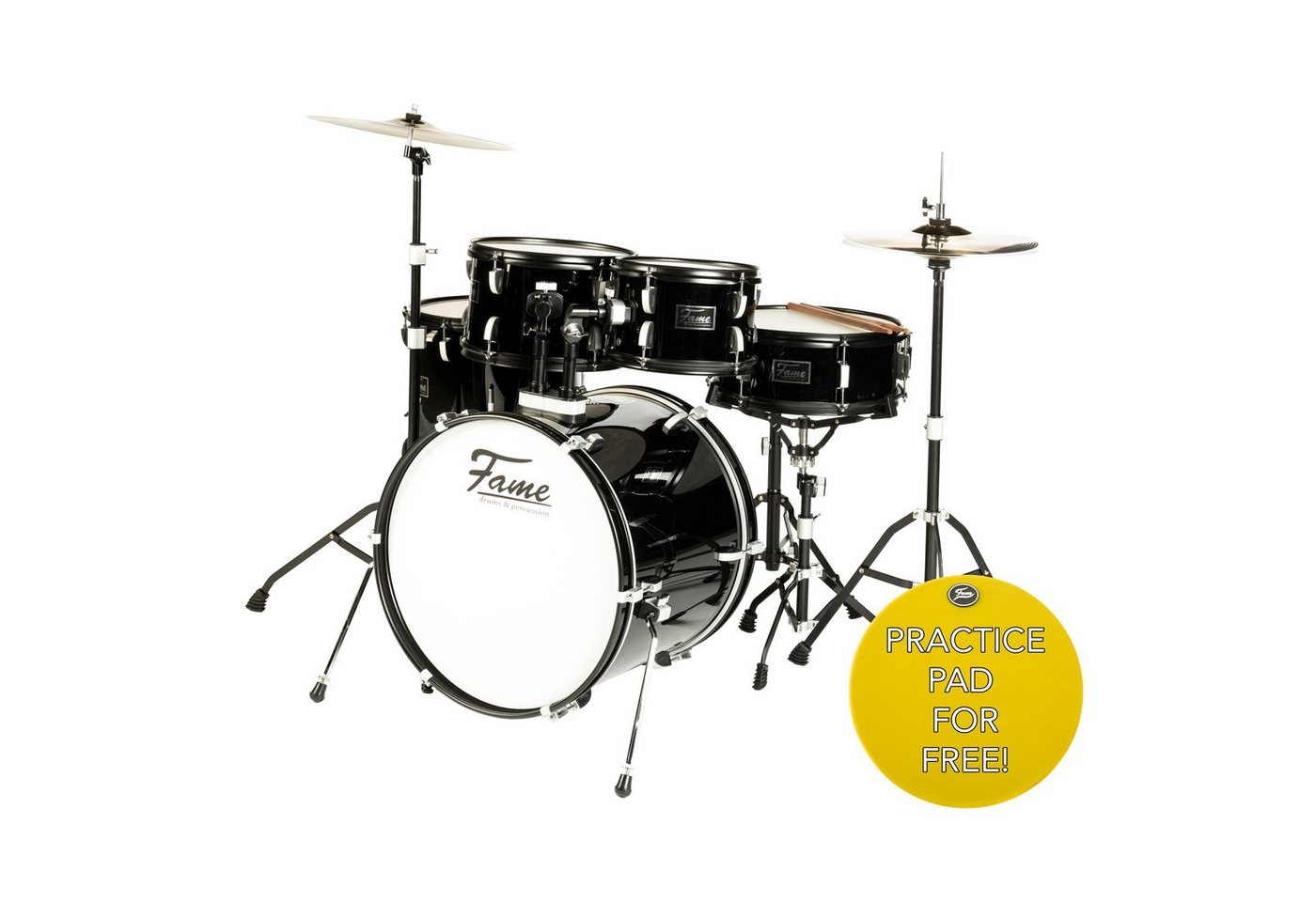 FAME Schlagzeug,FS20B First Step Studio Set Piano Black Komplettes Drum-Set 22" BassDrum Mischholz Kessel Inklusive Hardware Becken Ideal für Anfänger und Profis Stabiles Langlebiges Schlagzeug-Set", Schlagzeuge, Drum-Sets, Drum-Set, FS20B, Komplettes Schlagzeug-Set