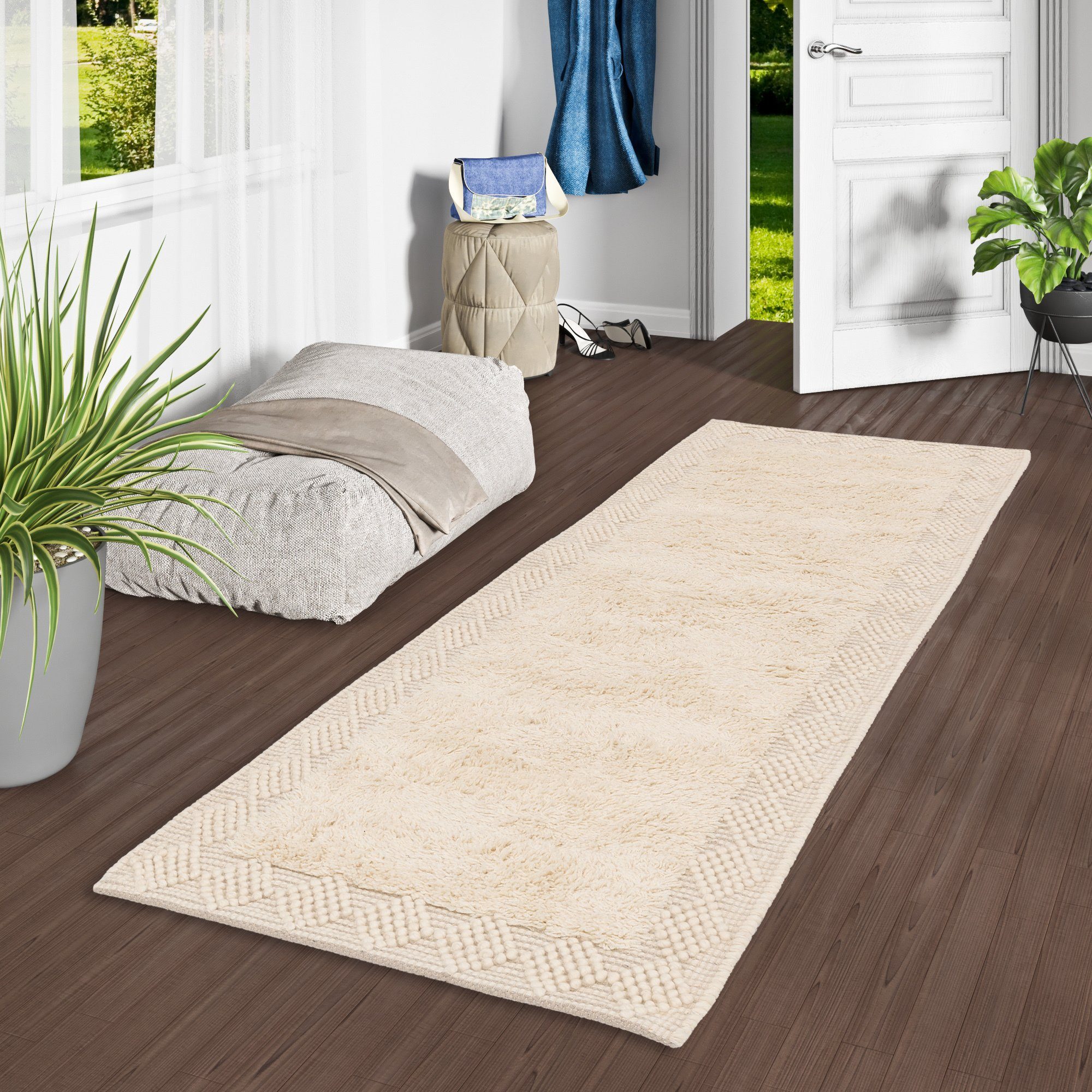 Pergamon Läufer Natur Teppich Läufer Shaggy Wolle Linea Bordüre, Rechteckig, Höhe: 15 mm