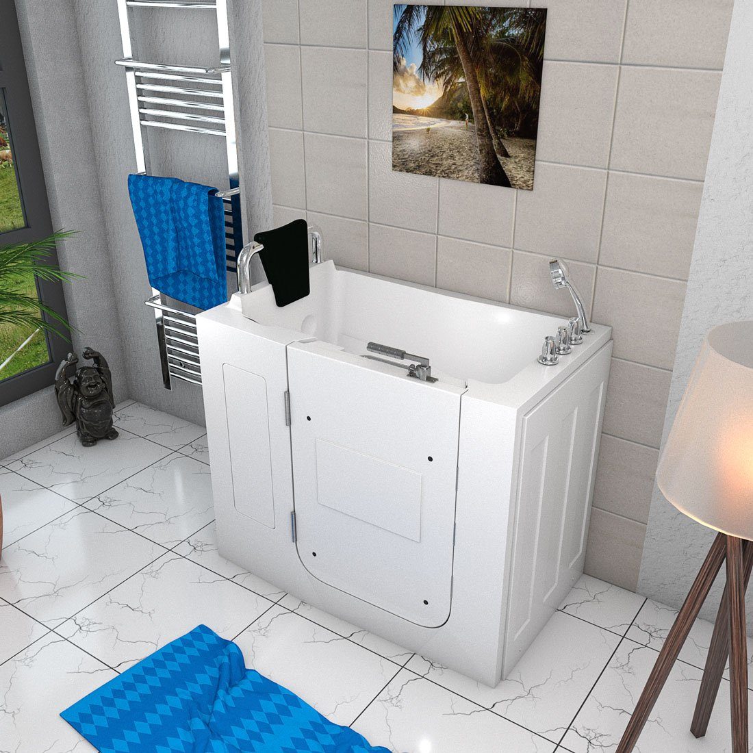 AcquaVapore Badewanne Sitzbadewanne Senioren Wanne Sitzwanne mit Tür S08-TH-B 110x68cm, mit Fußgestell und Ablaufarmatur