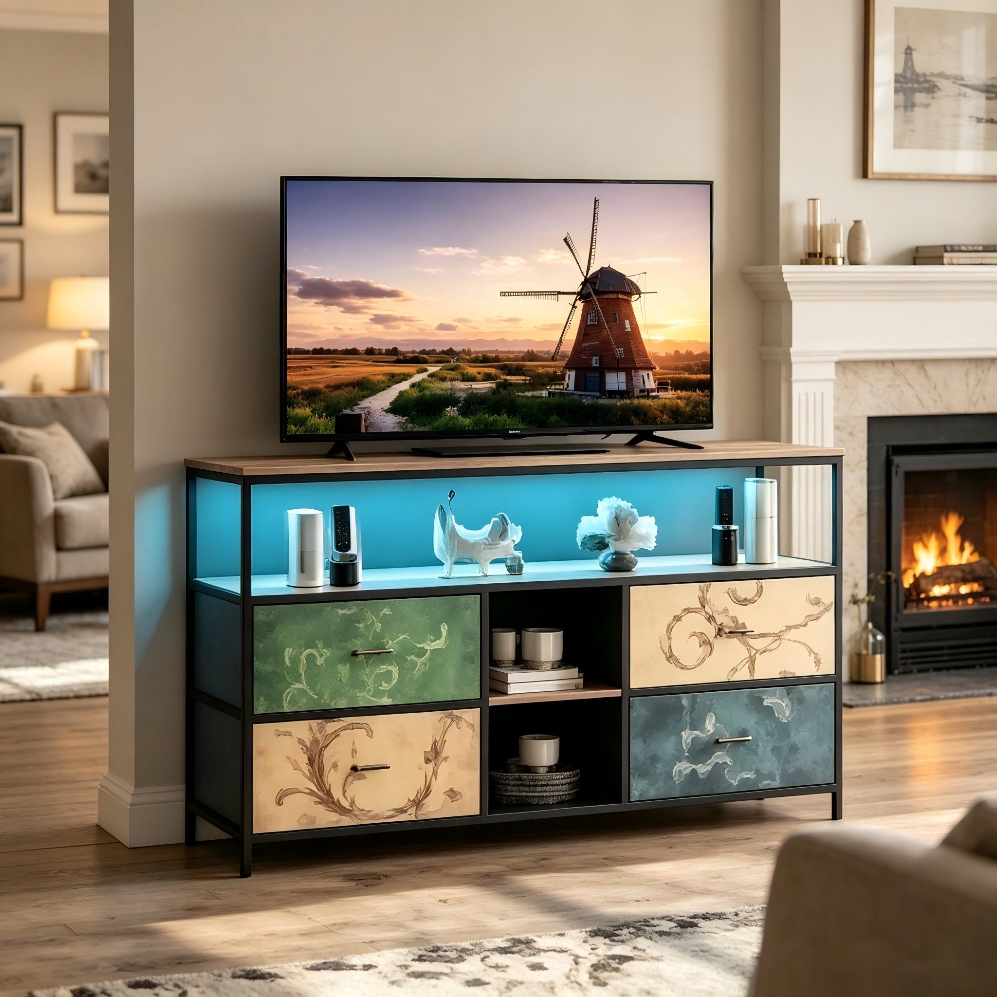 Simurq TV-Schrank Lowboard TV-Bank, mit LED und Schubladen und offenen Regalen (1er Set) mit LED und 4 Schubladen und 2 offenen Regalen, 108x29.8x76.8