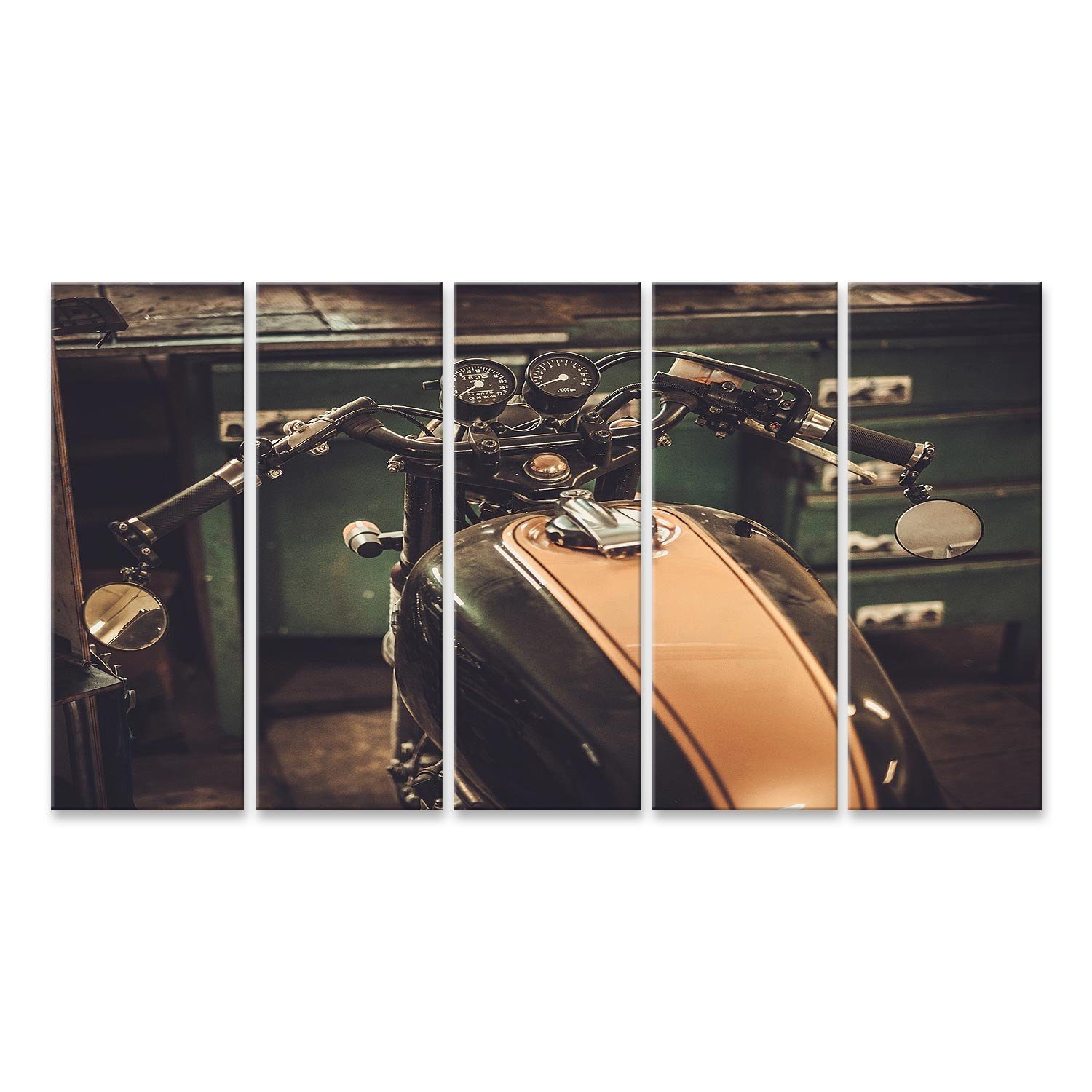 Leinwandbild Bild auf Leinwand Caferacer-Motorrad im Vintage-Stil in einer Zollgara