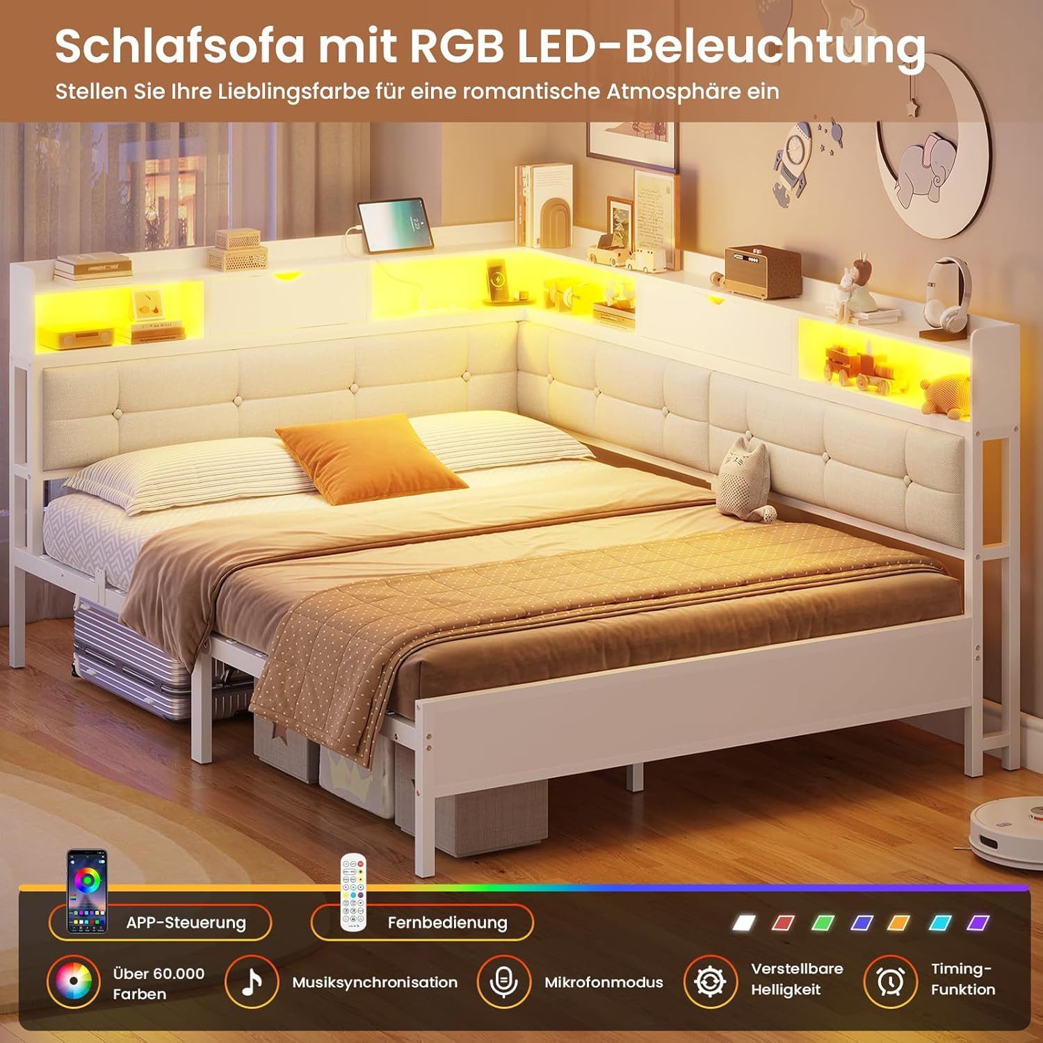 MSMASK Daybett Polsterbett Jugendbett mit LED-Beleuchtung und USB-Ladestation, Bettgestell mit Lattenrost aus Metall, 140 x 200 cm