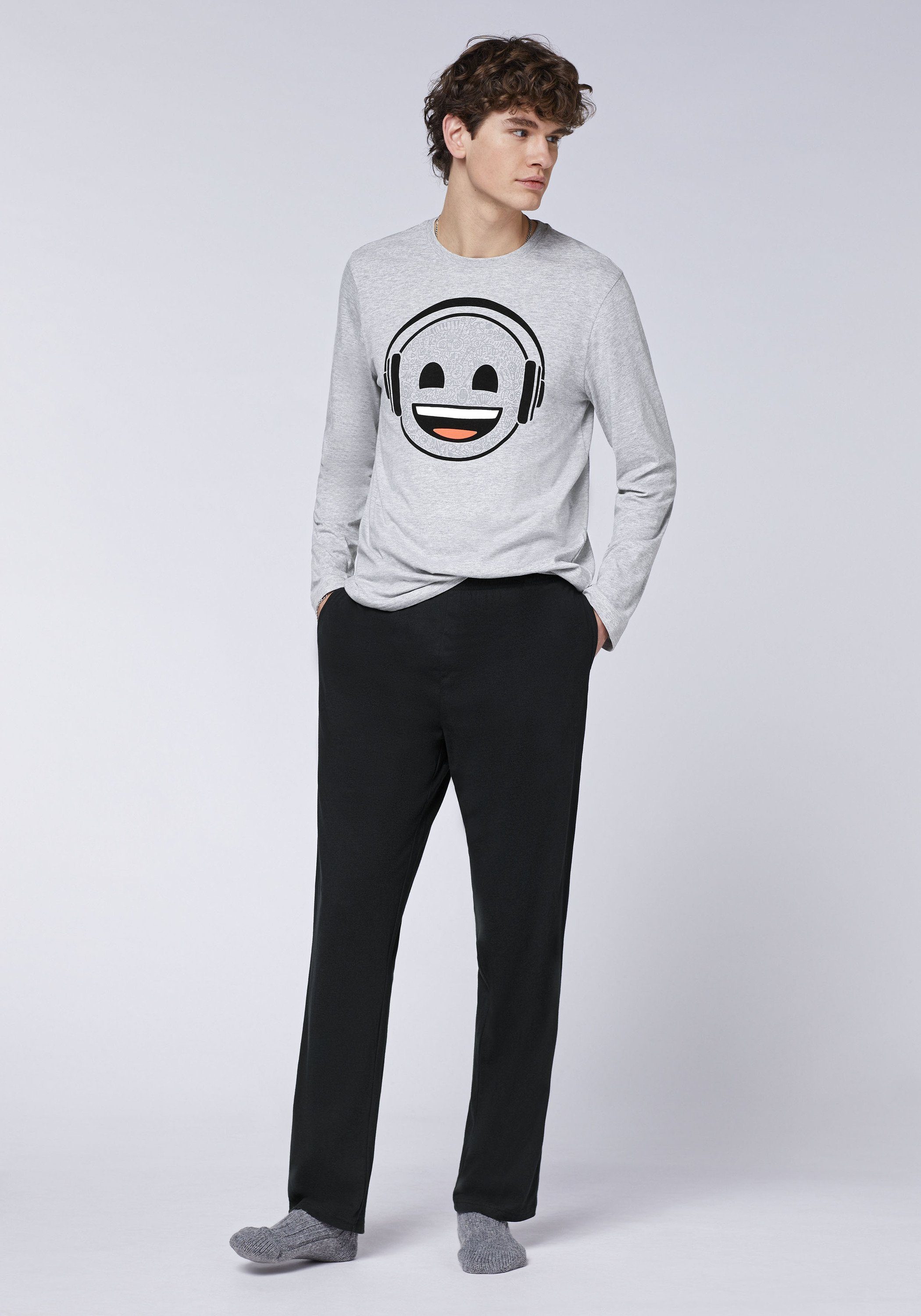 Pyjama Emoji und mit Hose Print-Langarmshirt