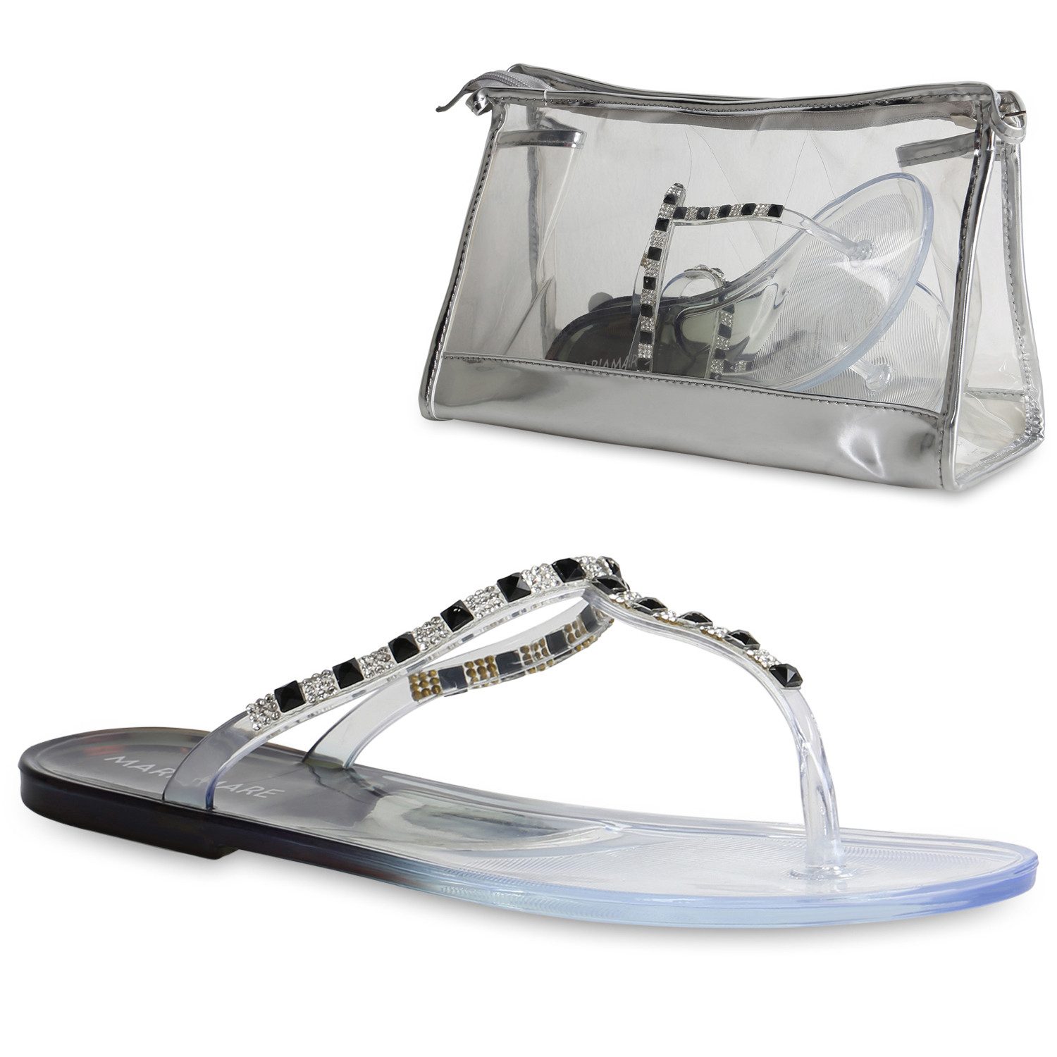 VAN HILL 837648 Zehentrenner Damen Sandalen Zehentrenner + Kulturtasche Flache Strass