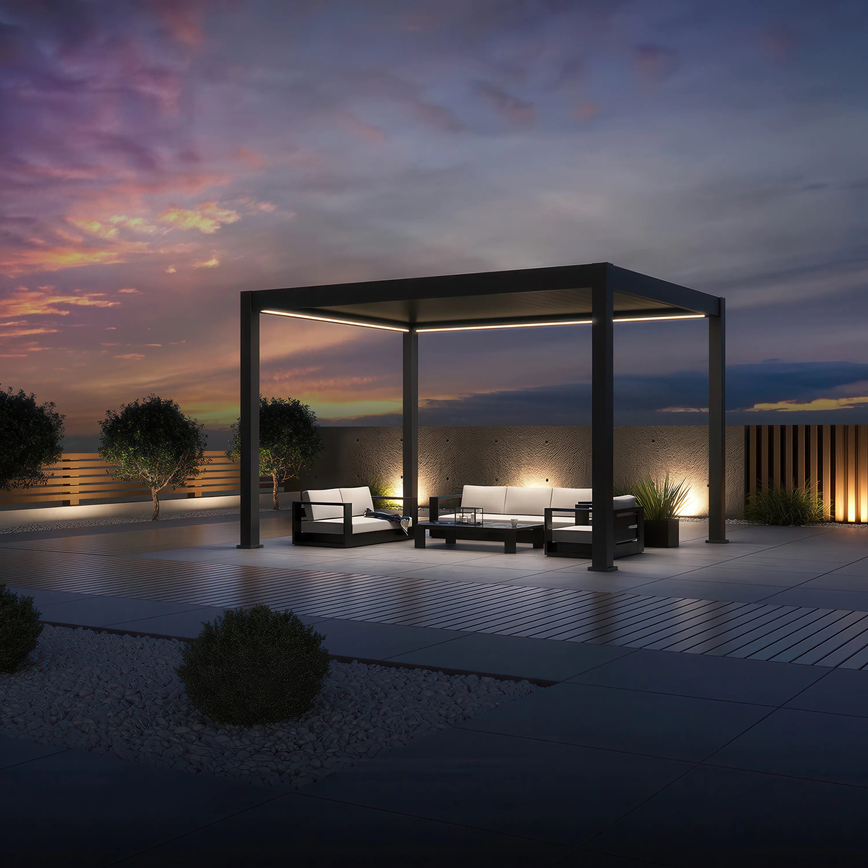 Gutroof Pergola Aluminium "Deluxe Pro" 3x4m, 256cm Höhe, elektrisch verstellbar, LED, BxTxH: 398x306x256 cm, bioklimatisch, Wasserablauf, hoch, RGB Beleuchtung + App