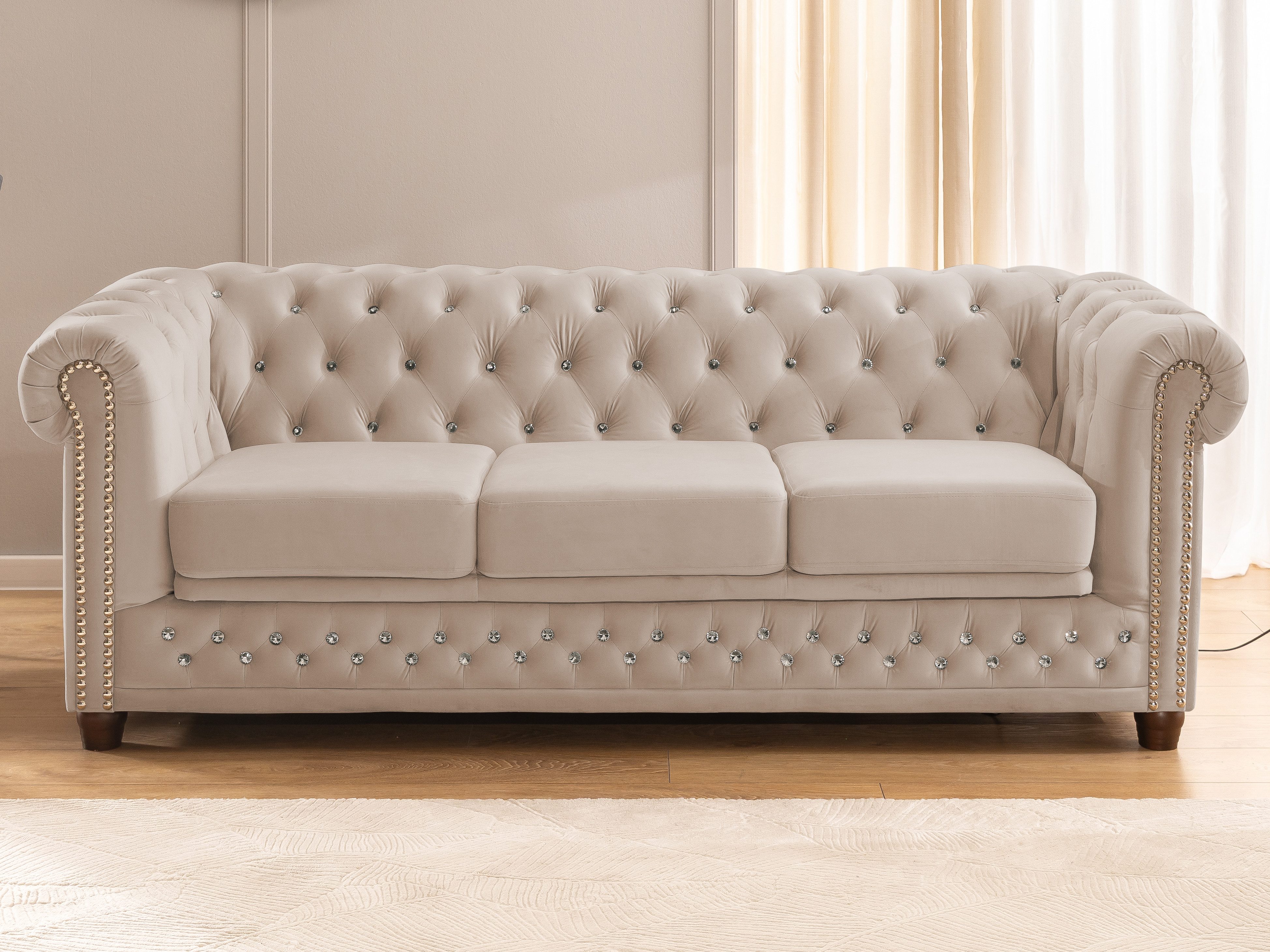 S-Style Möbel Chesterfield-Sofa 3-Sitzer mit Schlaffunktion Cleo Blink aus Samt mit Kristallsteppung, mit Wellenfederung