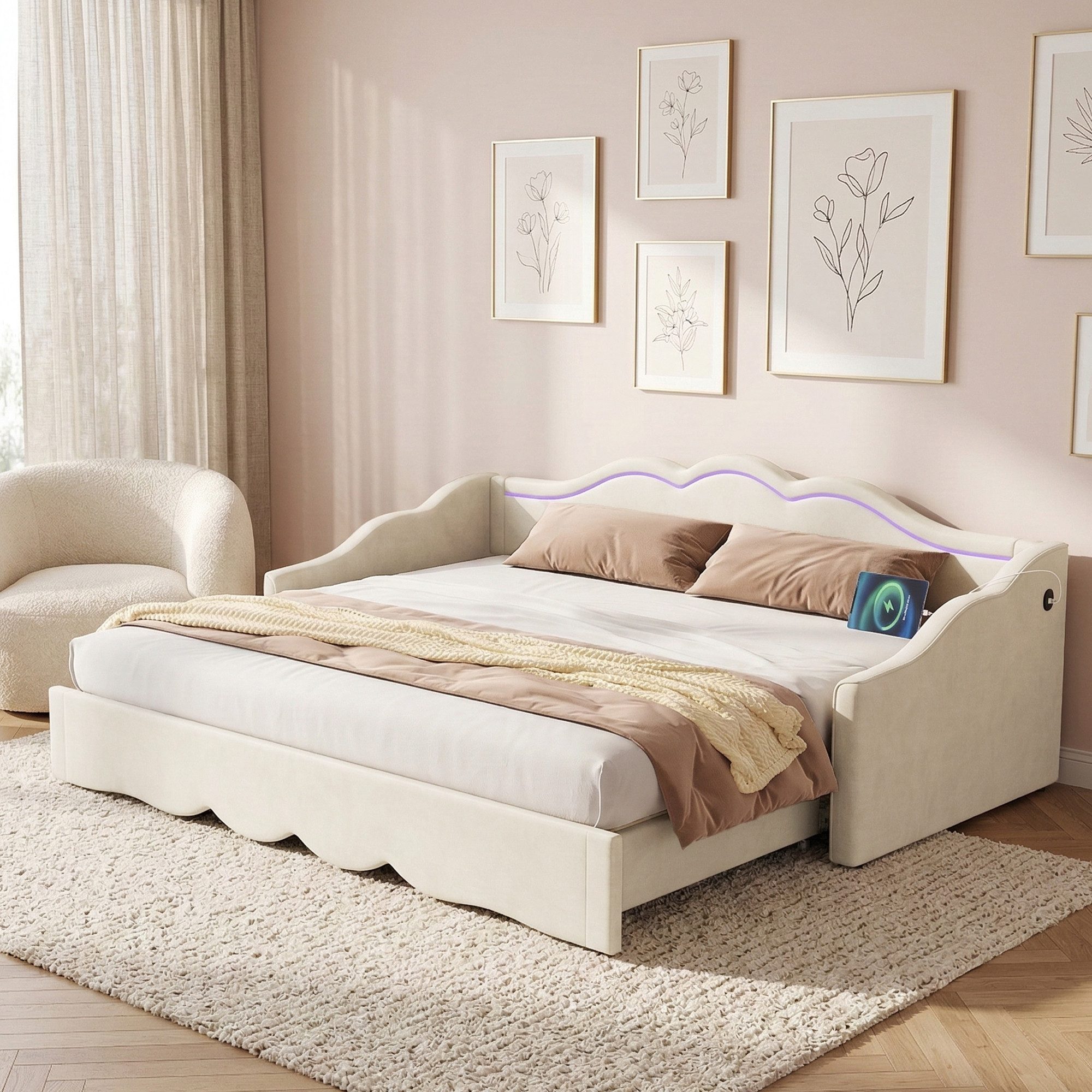 Odikalo Schlafsofa Schlafcouch 90x200 mit LED und USB-Anschluss, Polsterbett, Tagesbett, ausziehbar auf 180 cm, Beige Samt