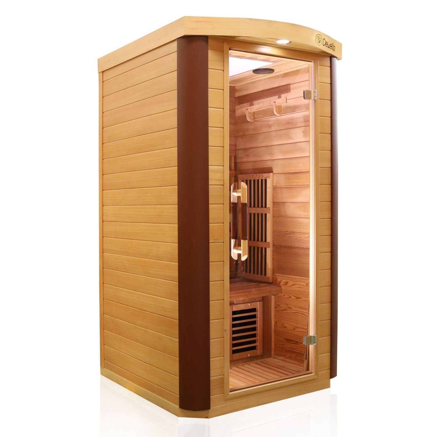 Dewello Infrarotkabine TORONTO 102 Wärmekabine, für bis zu 1 Personen, 3 Vollspektrumstrahler, BxTxH: 102 x 102 x 190 cm, (Farblichttherapie, Ionisator mit Ozondesinfektion und Aromatherapie, Multimedia und zusätzlich USB-Anschluss & Bluetooth möglich) Sauna aus Hemlock / Zeder, leichter Aufbau dank Stecksystem