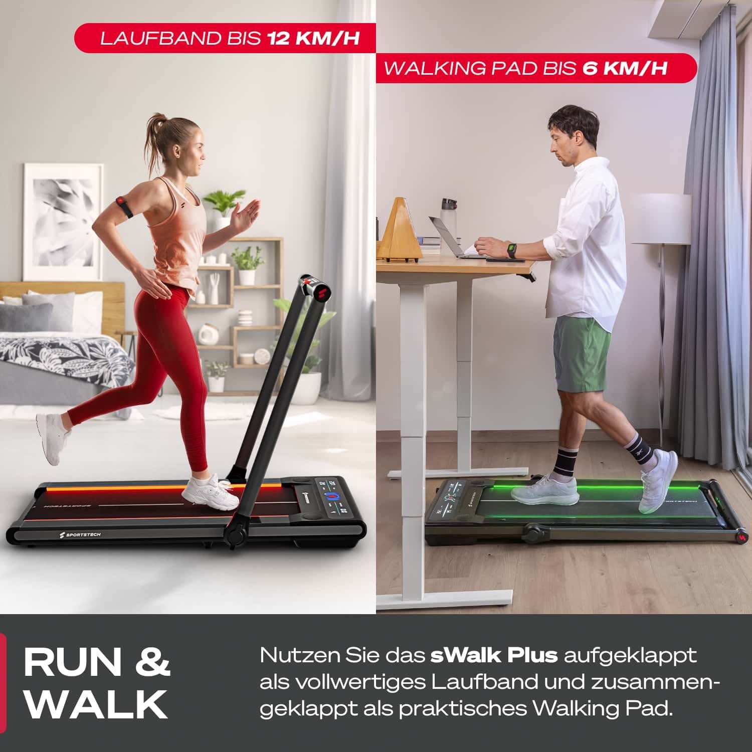 Sportstech Laufband sWalk Plus, Walking Pad & Laufband, 6-12 km/h, 7,5 % Steigung, 7-Farben LED