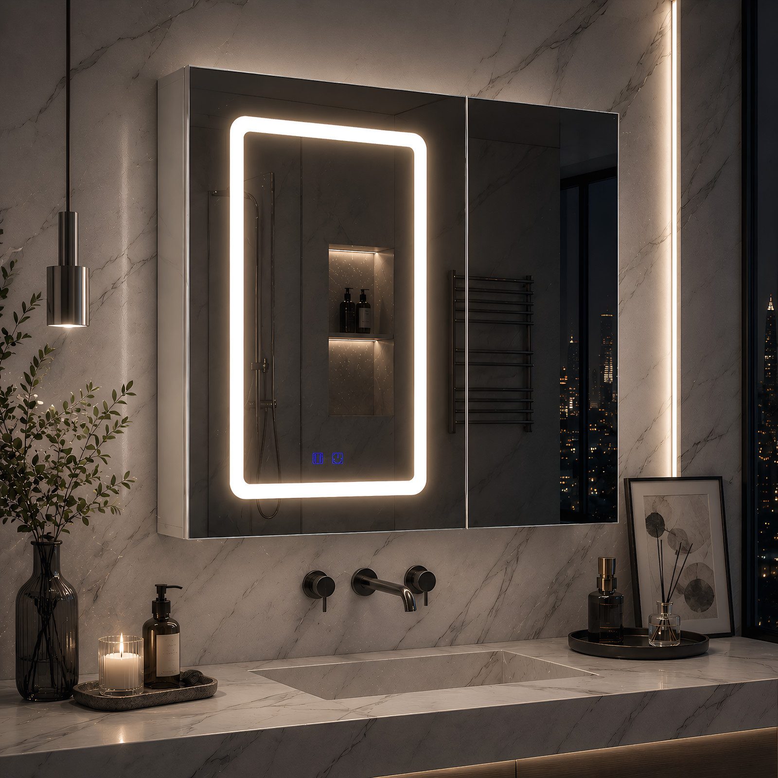 Simurq Badezimmerspiegelschrank Spiegelschrank Bad 70cm Mit LED Beleuchtung, Doppelseitiger Spiegel (Set, 3 Farbtemperatur Dimmbare, Badezimmerschrank Wandschrank Hängeschrank) Badezimmer Spiegelschrank Mit Verstellbarem Regal, 2 Türen