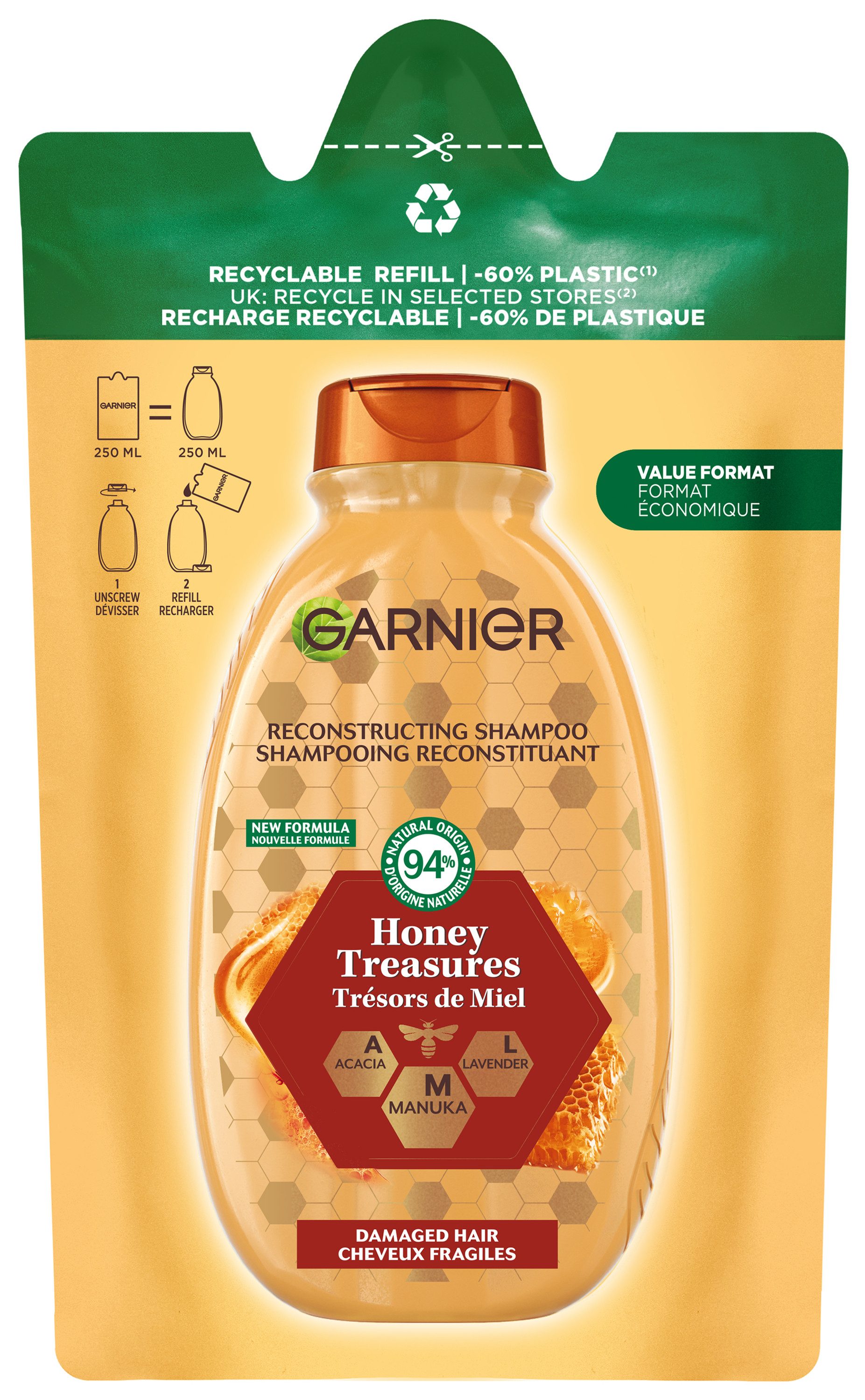 GARNIER Haarshampoo WAHRE SCHÄTZE HONIG NACHFÜLLPACK, Packung, 6-tlg., Für alle Haartypen, mit Honig, Aloe Vera und Jojoba-Estern