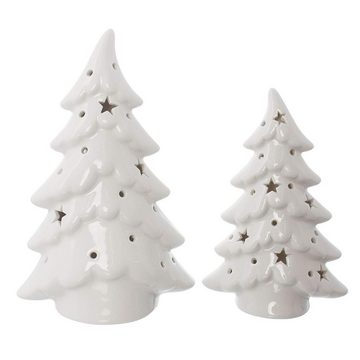 Dekoleidenschaft LED-Dekofigur Tannen aus Porzellan, Hochglanz weiß, 15 + 19 cm hoch, Weihnachtsdeko (2 St., im Set), beleuchtete Adventsdeko