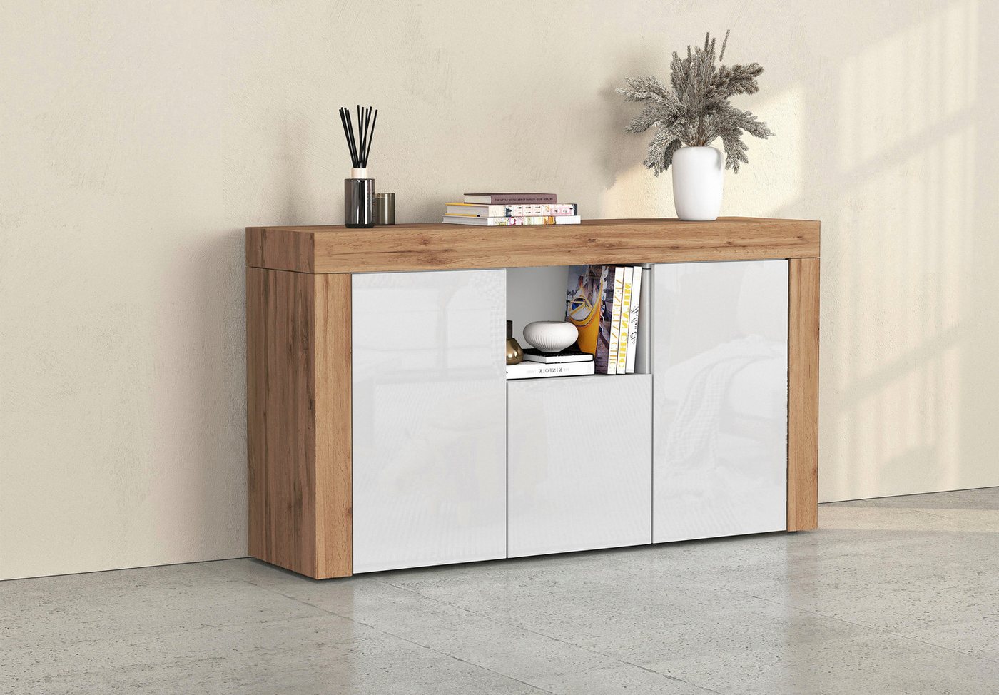 OTTO home Sideboard CHRONOS Breite 155 cm mit 3 Türen, 1 offenes und 6 geschlossene Fächer (1 St), Sideboard,Kommode, Schrank, Grifflos mit …