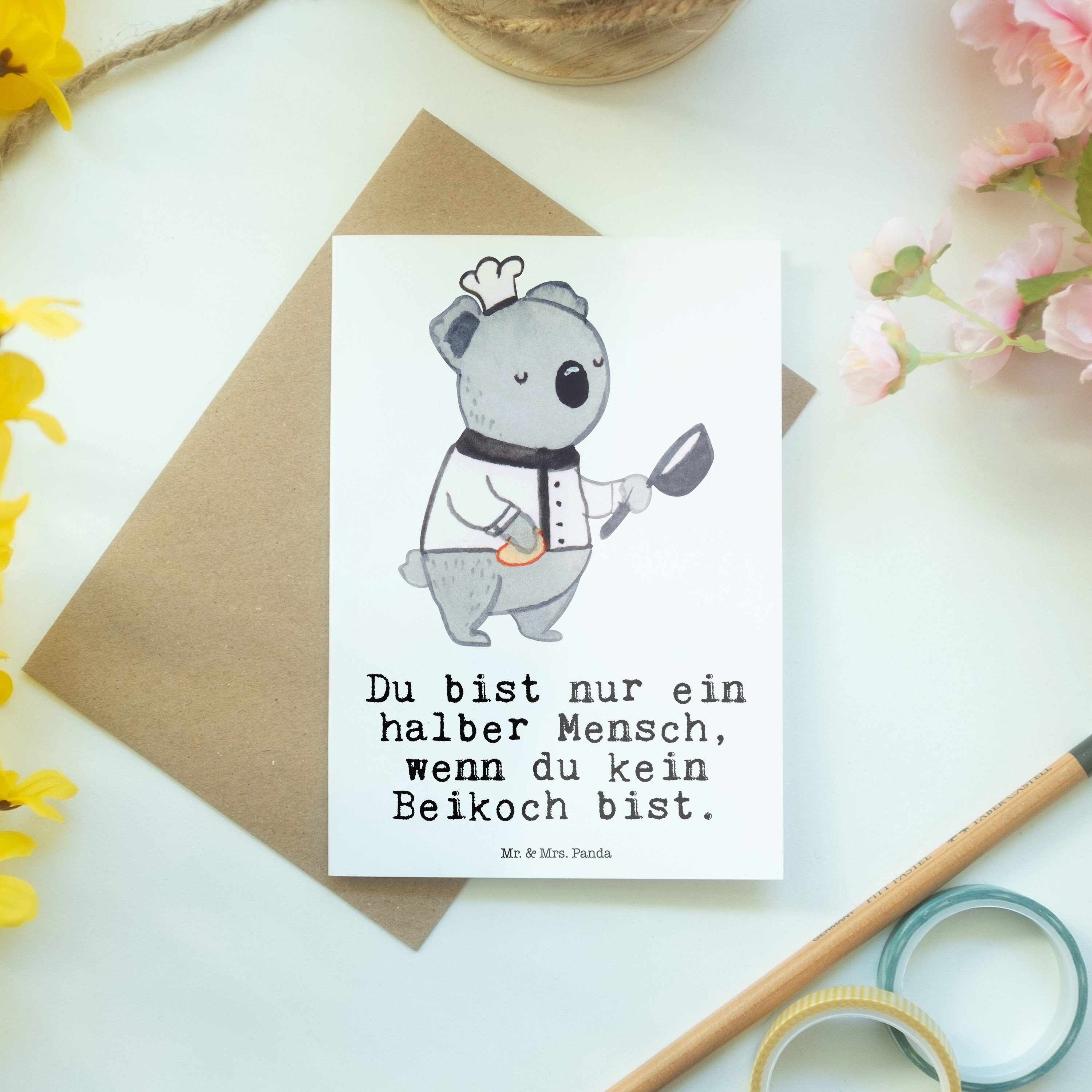 Mr. & Mrs. Panda Grußkarte Beikoch mit Herz - Weiß - Geschenk, Glückwunschkarte, Beruf, Danke, G