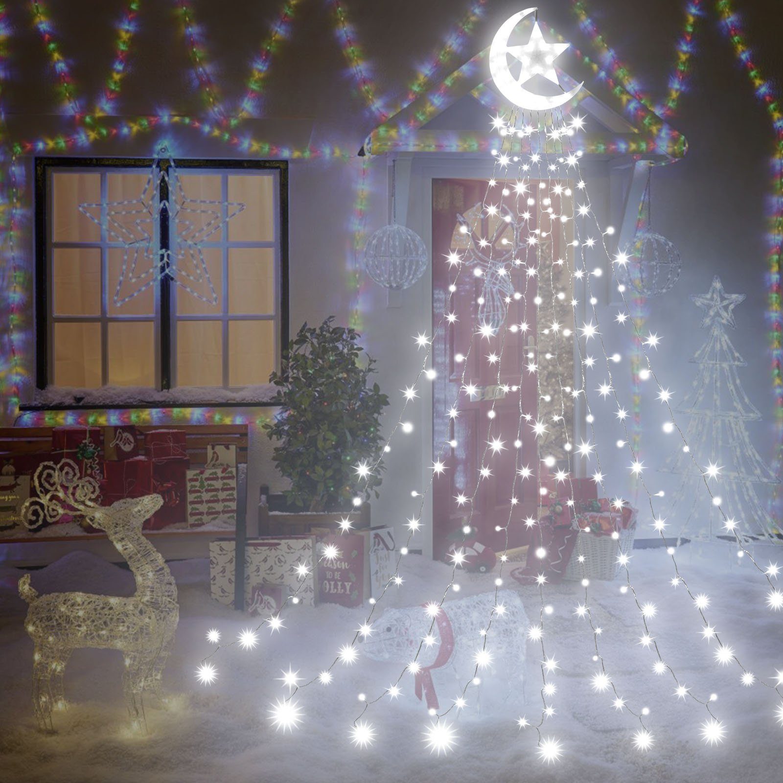Moon Lichterkette Wasserdicht LED Laybasic Christbaumbeleuchtung,8-Modi,Timer,IP44 LEDs, LED-Lichterkette Weihnachtsbaum 350-flammig, Star,350 mit Weiß Topper