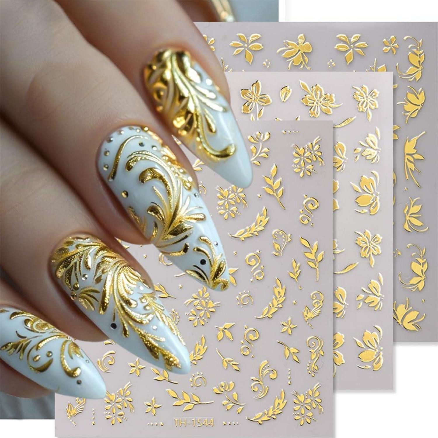 LuxusKollektion Nageldesign Zubehör Nagelsticker goldene Blumen 8 Blatt selbstklebend
