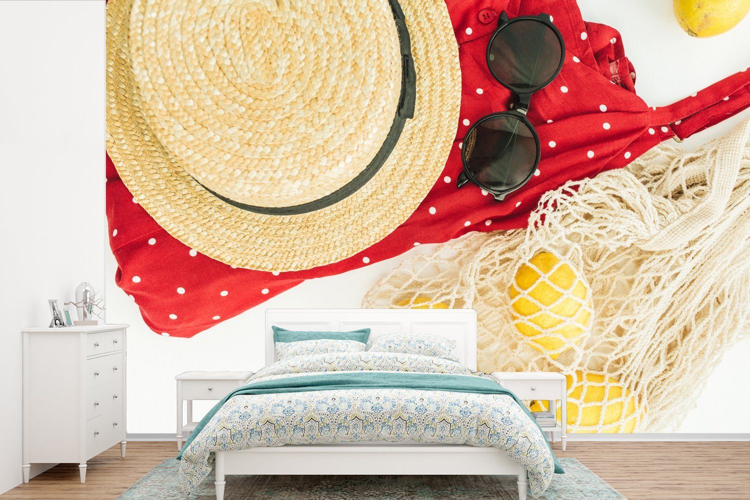 MuchoWow Fototapete Sommer - Sonnenbrille - Hut, Matt, bedruckt, (6 St), Wallpaper für Wohnzimmer, Schlafzimmer, Kinderzimmer, Vinyl Tapete